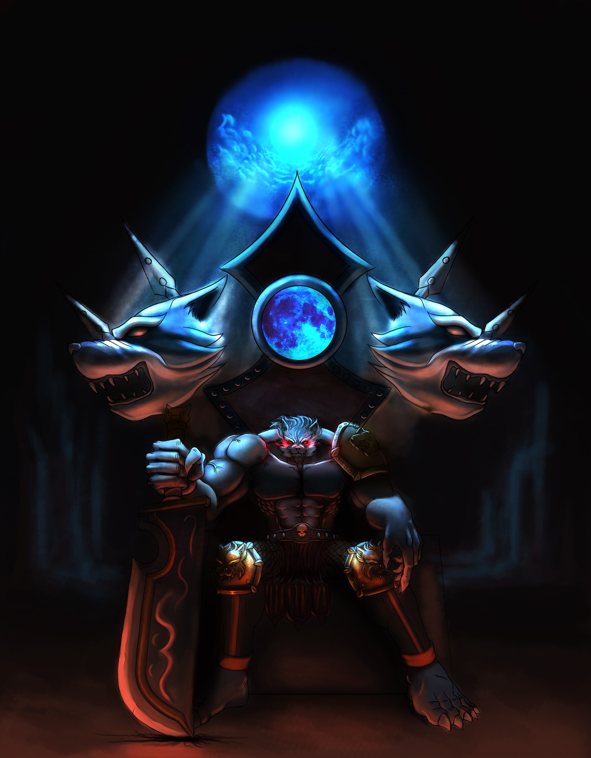 Werewolf king sitting on a throne with wolf heads HD Phone Wallpaper