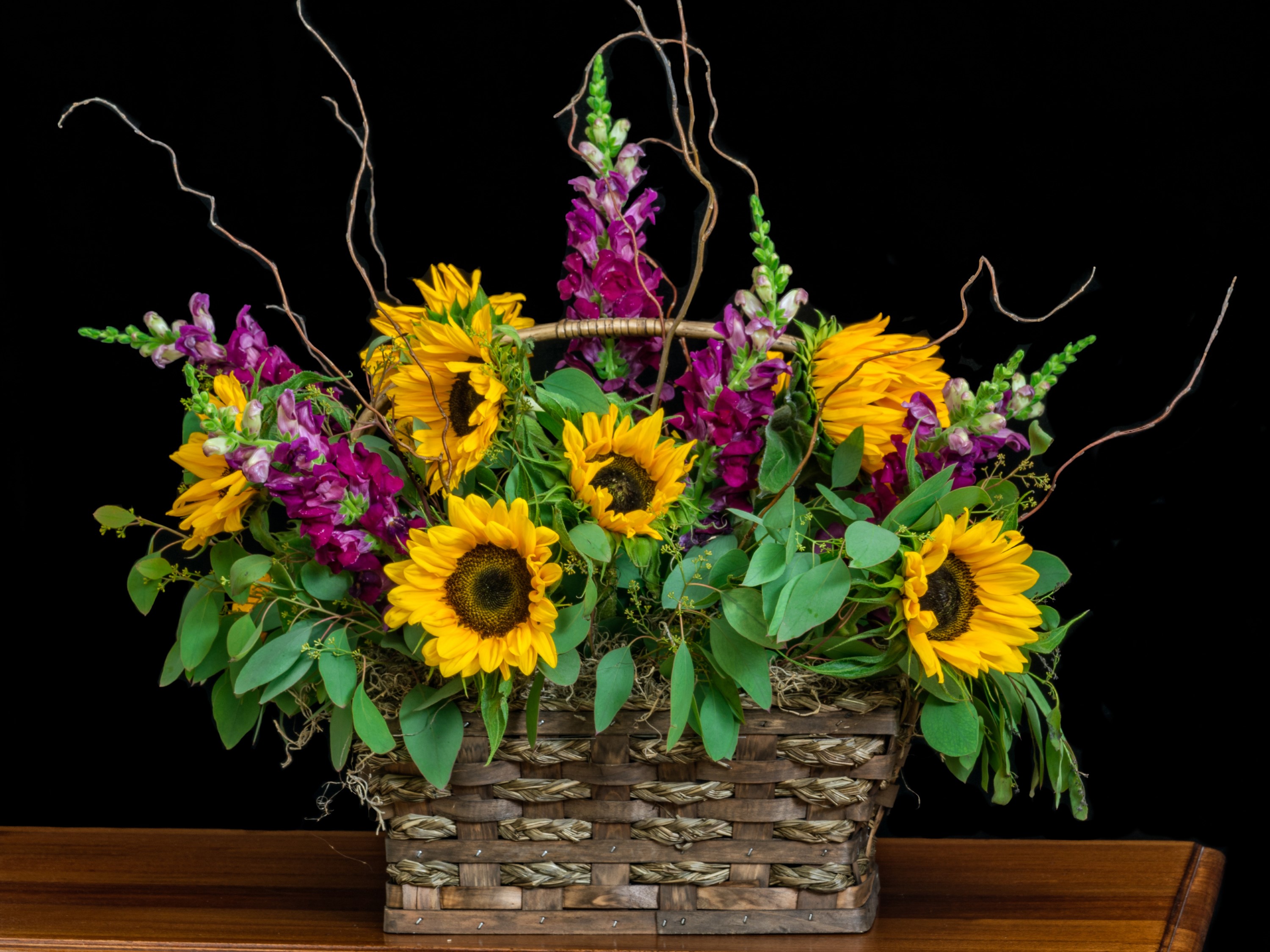Sunflowers and Antirrhinum in a Wicker Basket HD Wallpaper