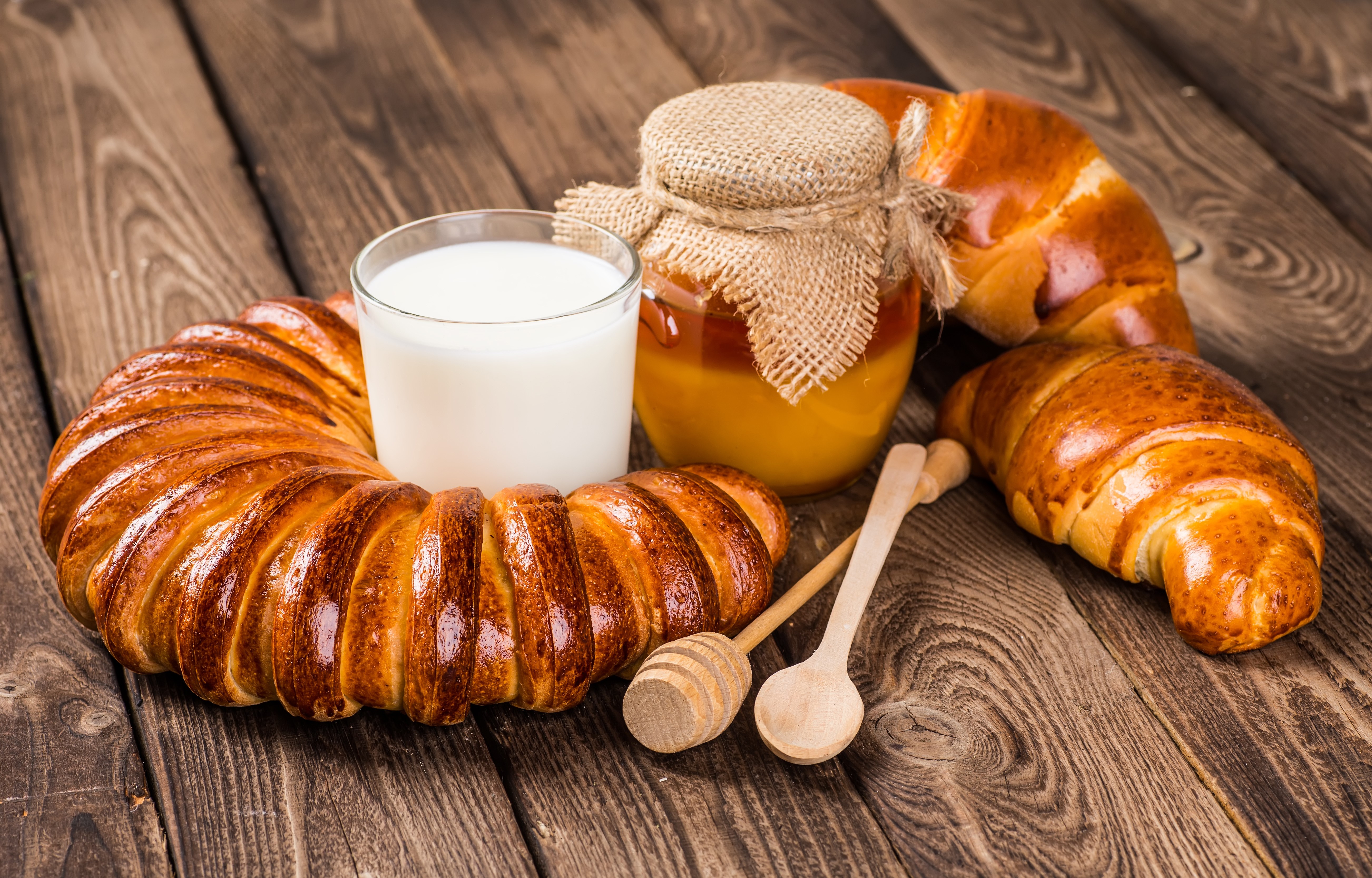 Pastry, Honey, Milk, and Croissants on Wood HD Wallpaper