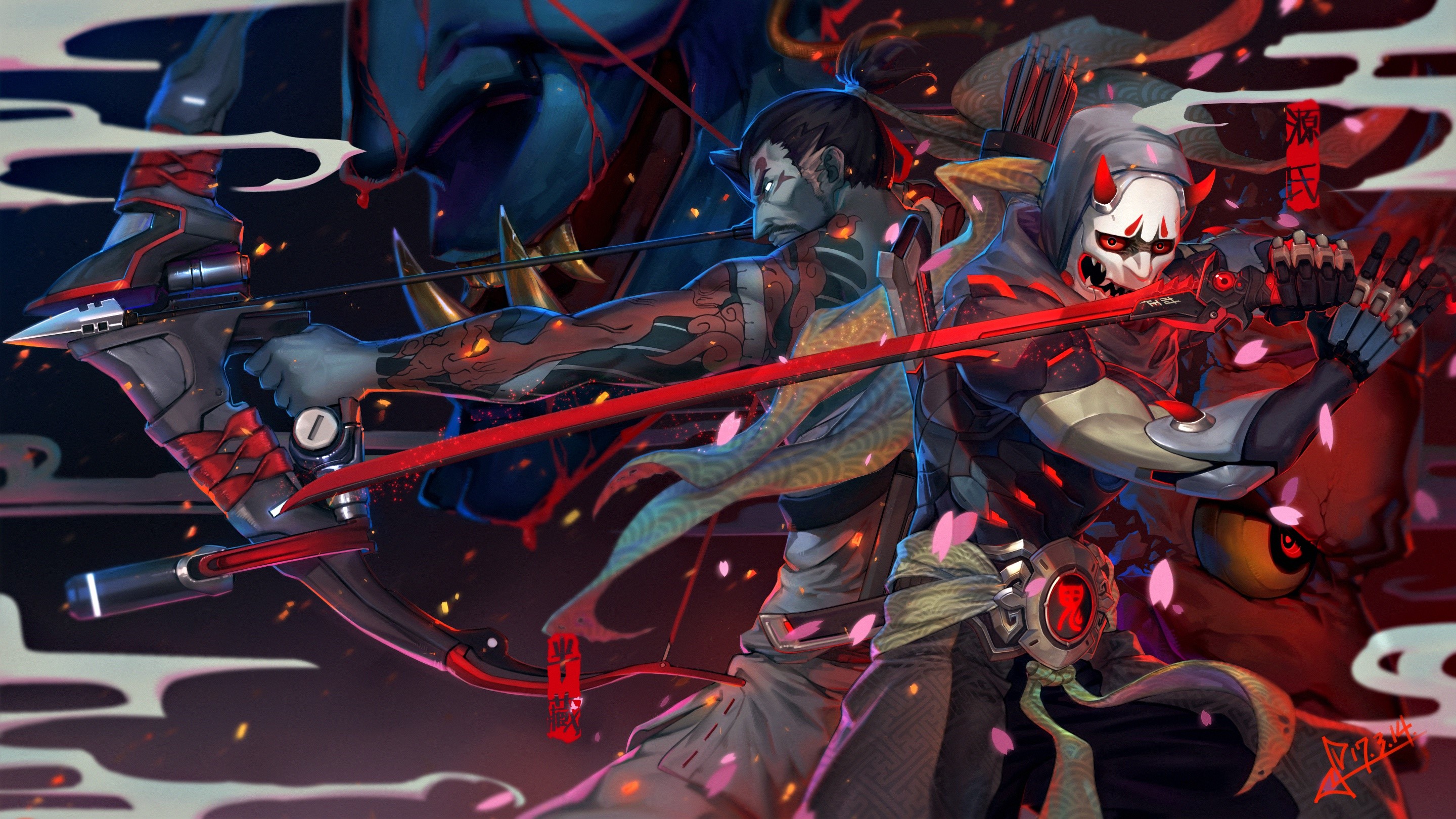 Hanzo and Genji from Overwatch with Katanas and Bows HD Wallpaper