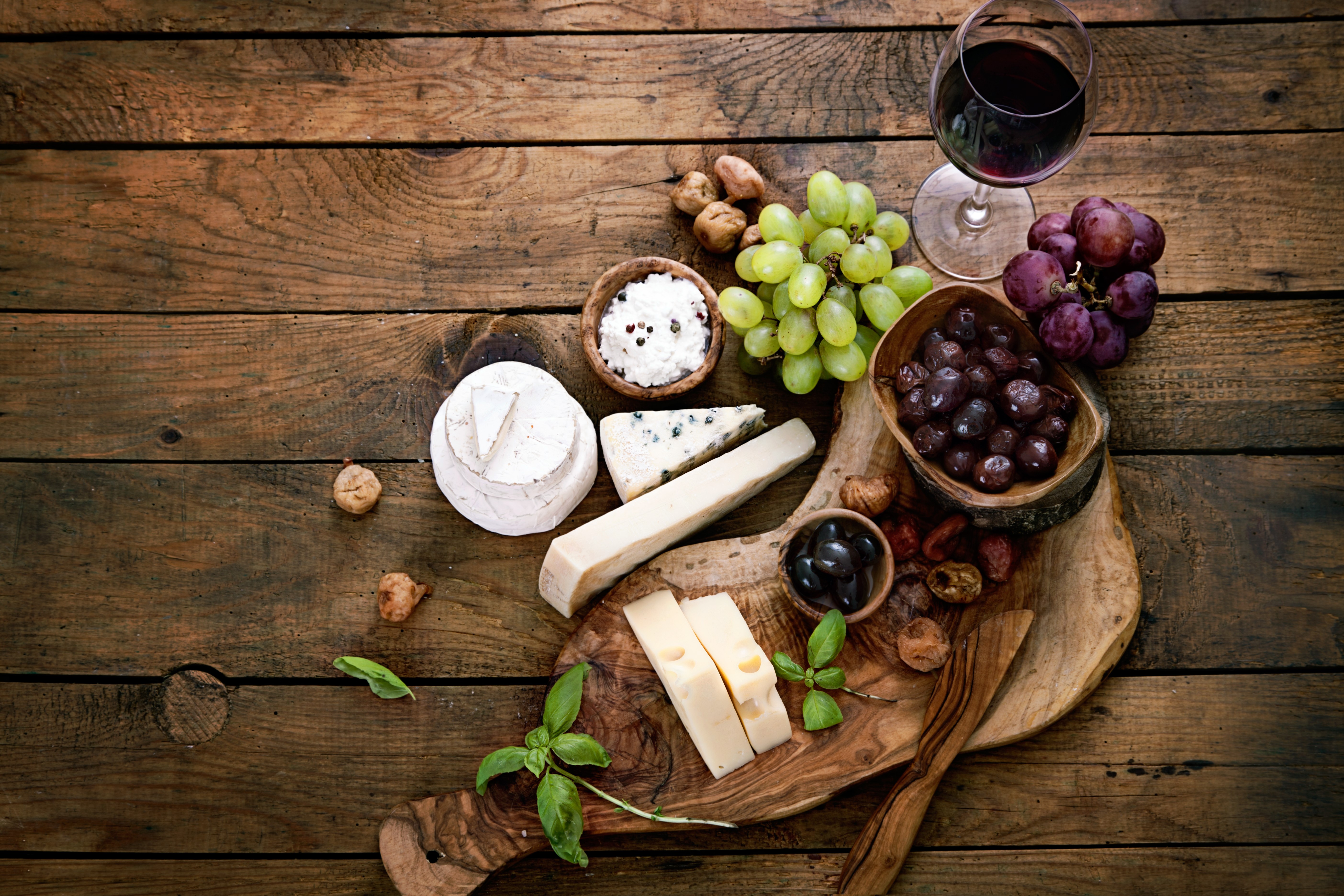 Cheese, Grapes, Olives, and Wine on Wood HD Wallpaper