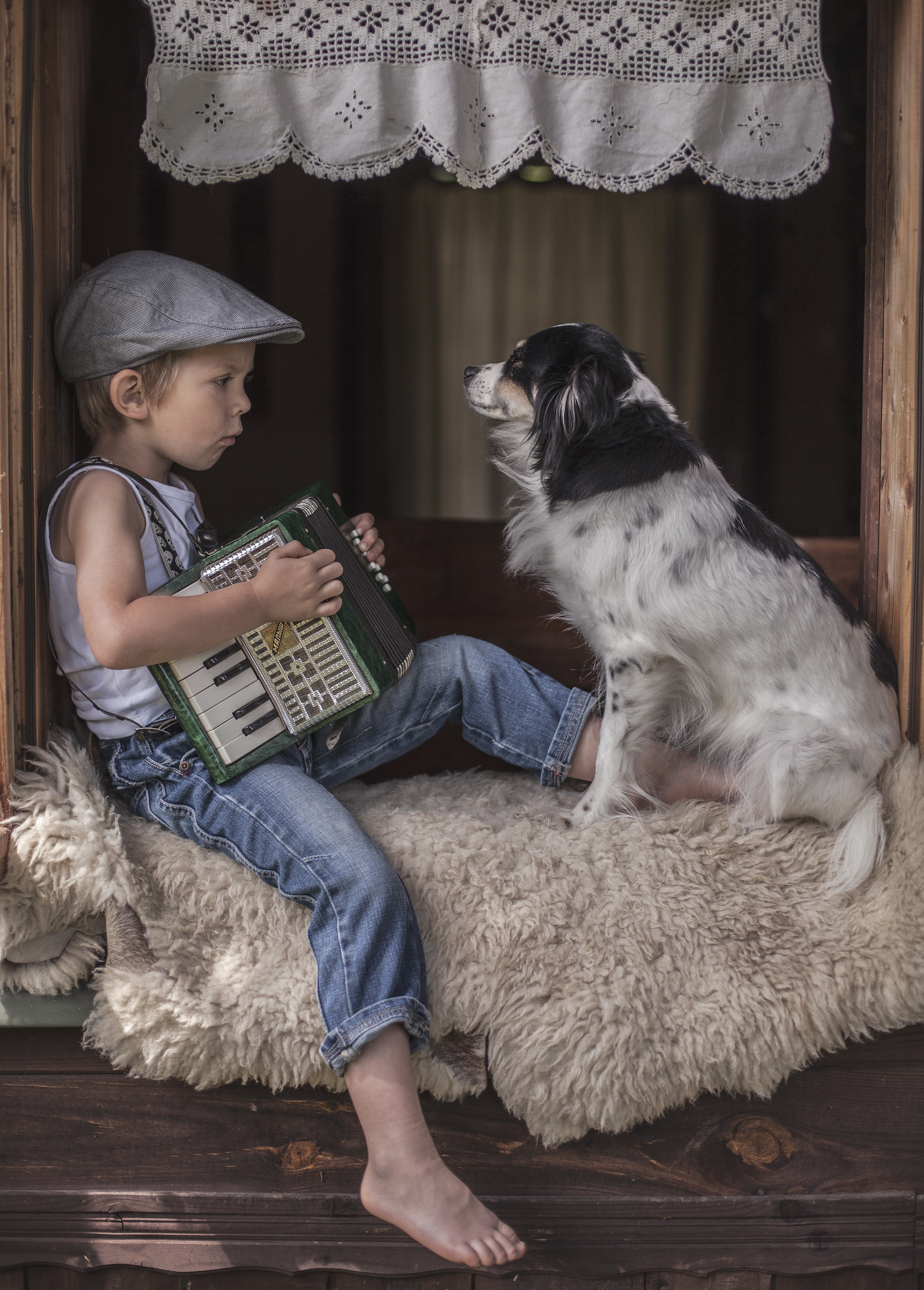 Boy playing accordion with a dog HD Phone Wallpaper