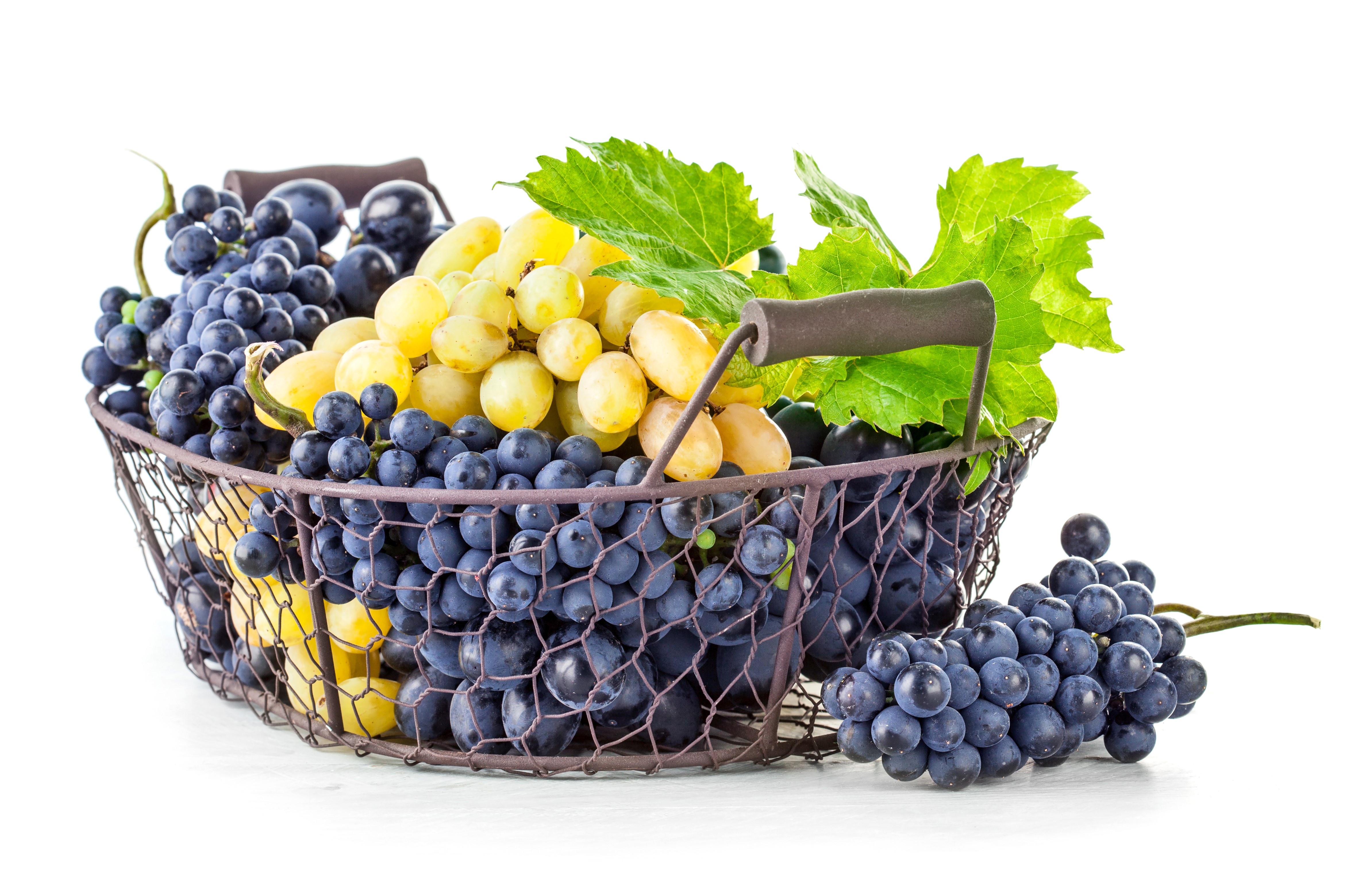 Grapes in a Wicker Basket on White Background HD Wallpaper