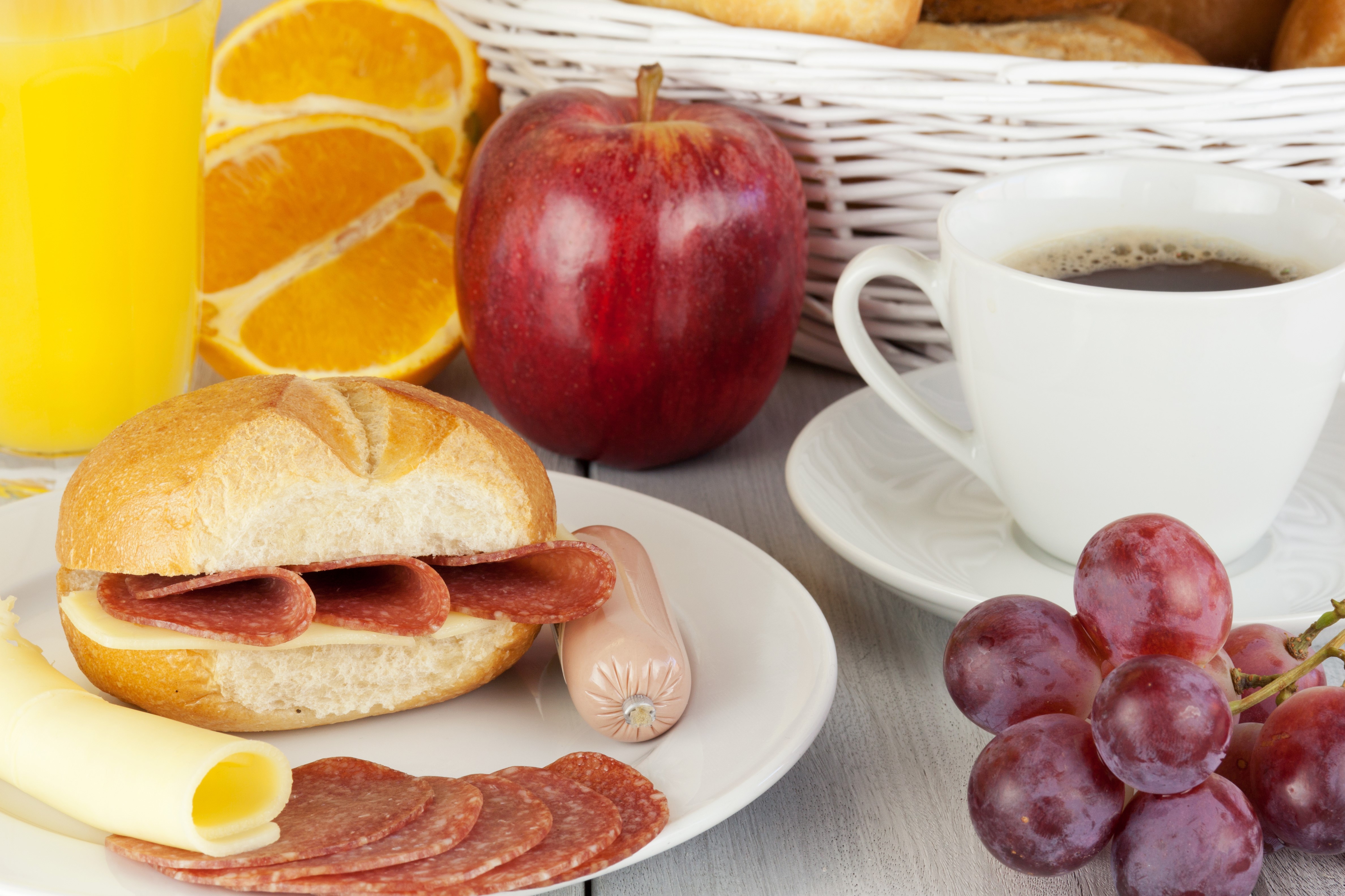Breakfast with coffee, juice, fruit, and sandwich HD Wallpaper