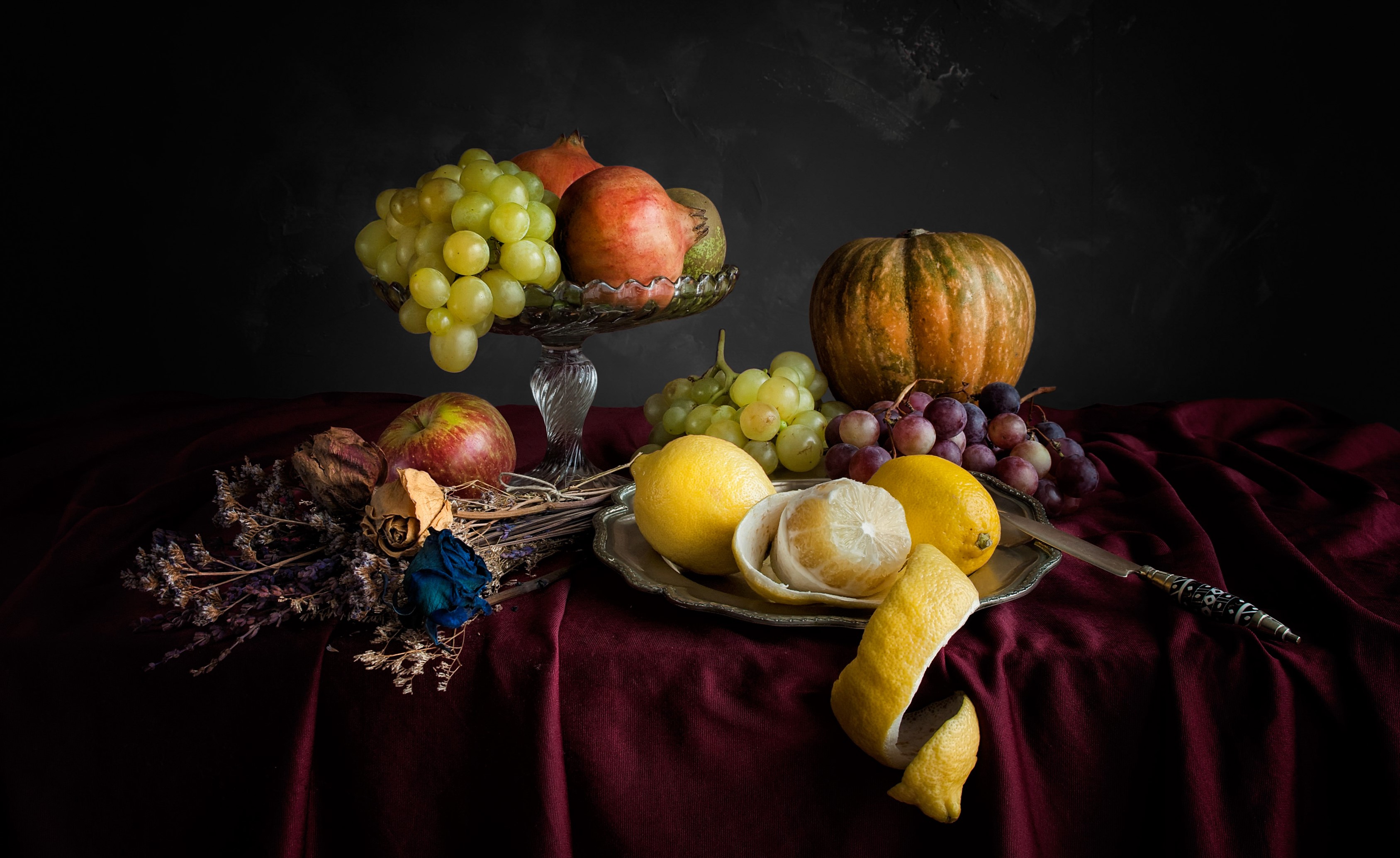 Still-life with fruits, pumpkin, and knife HD Wallpaper