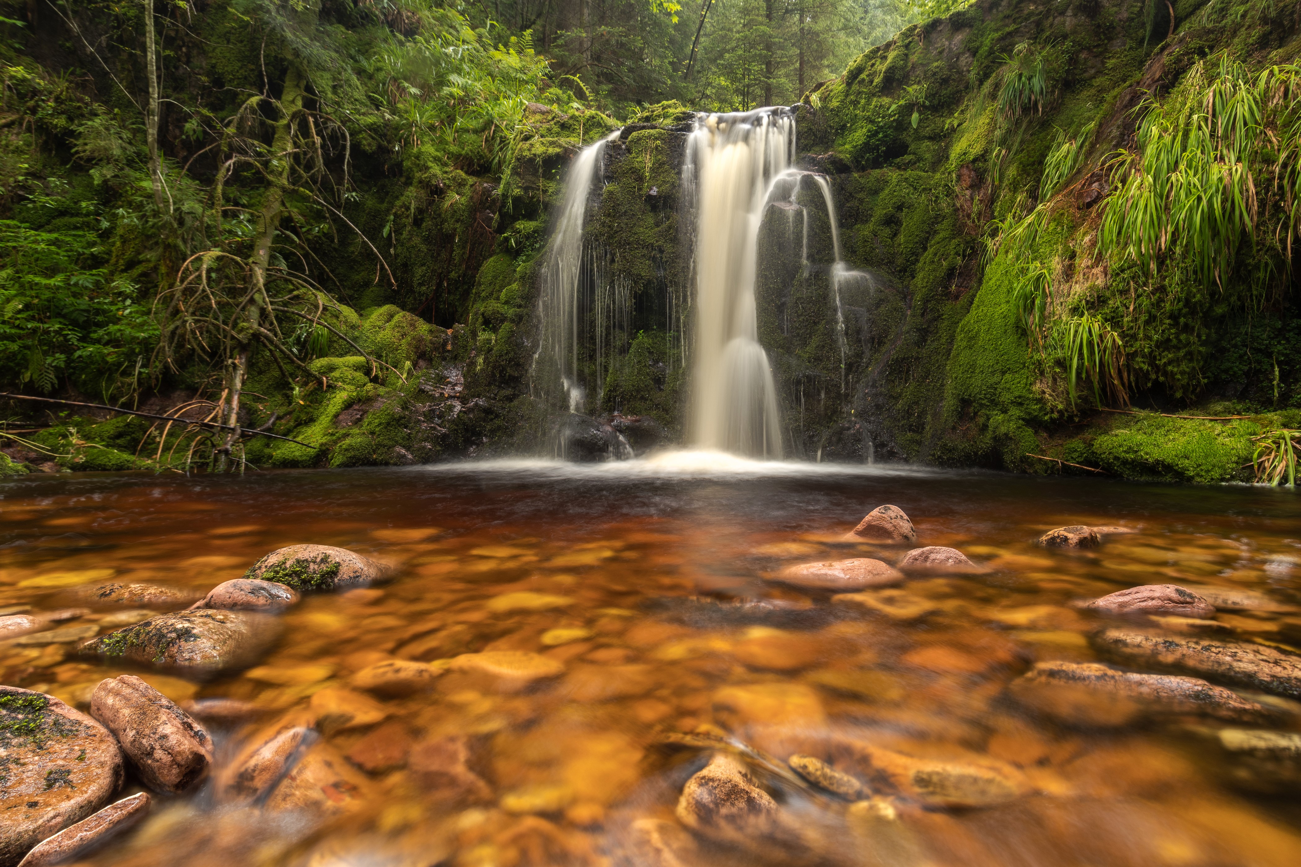 Waterfall in a forest with mossy rocks and stones HD Wallpaper