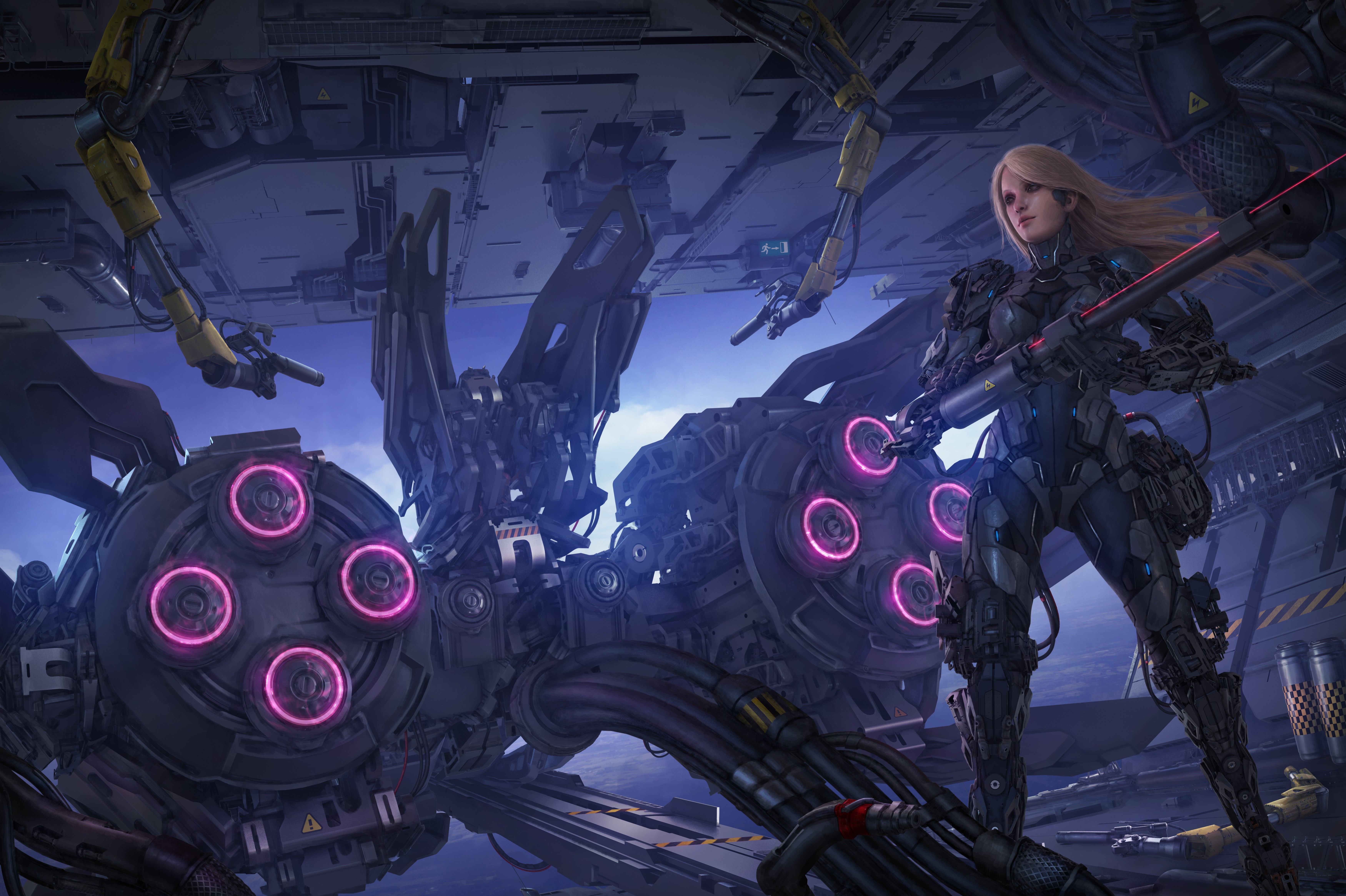 Woman with rifle in sci-fi setting HD Wallpaper