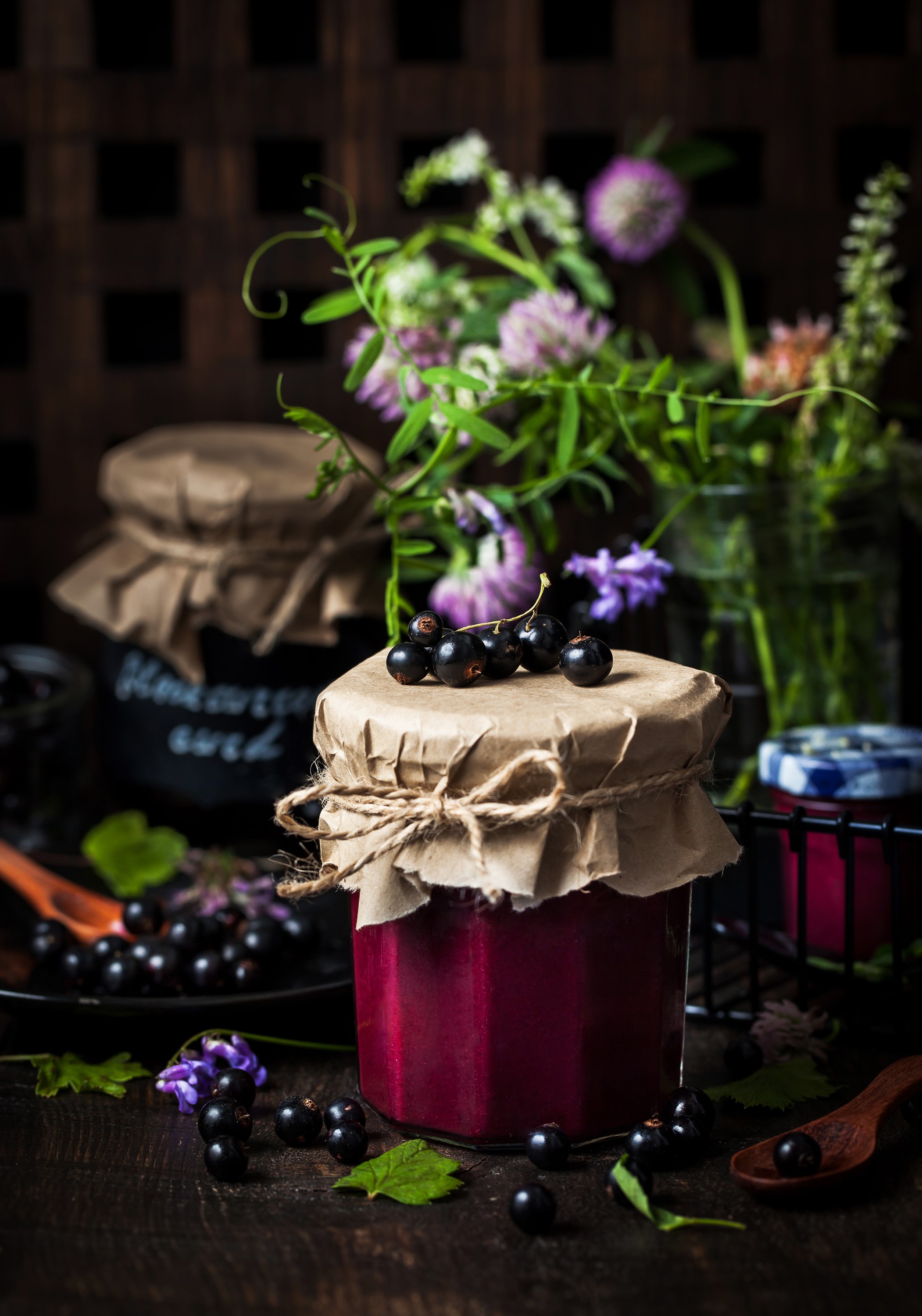 Jar of currant jam with fresh currants and flowers HD Phone Wallpaper