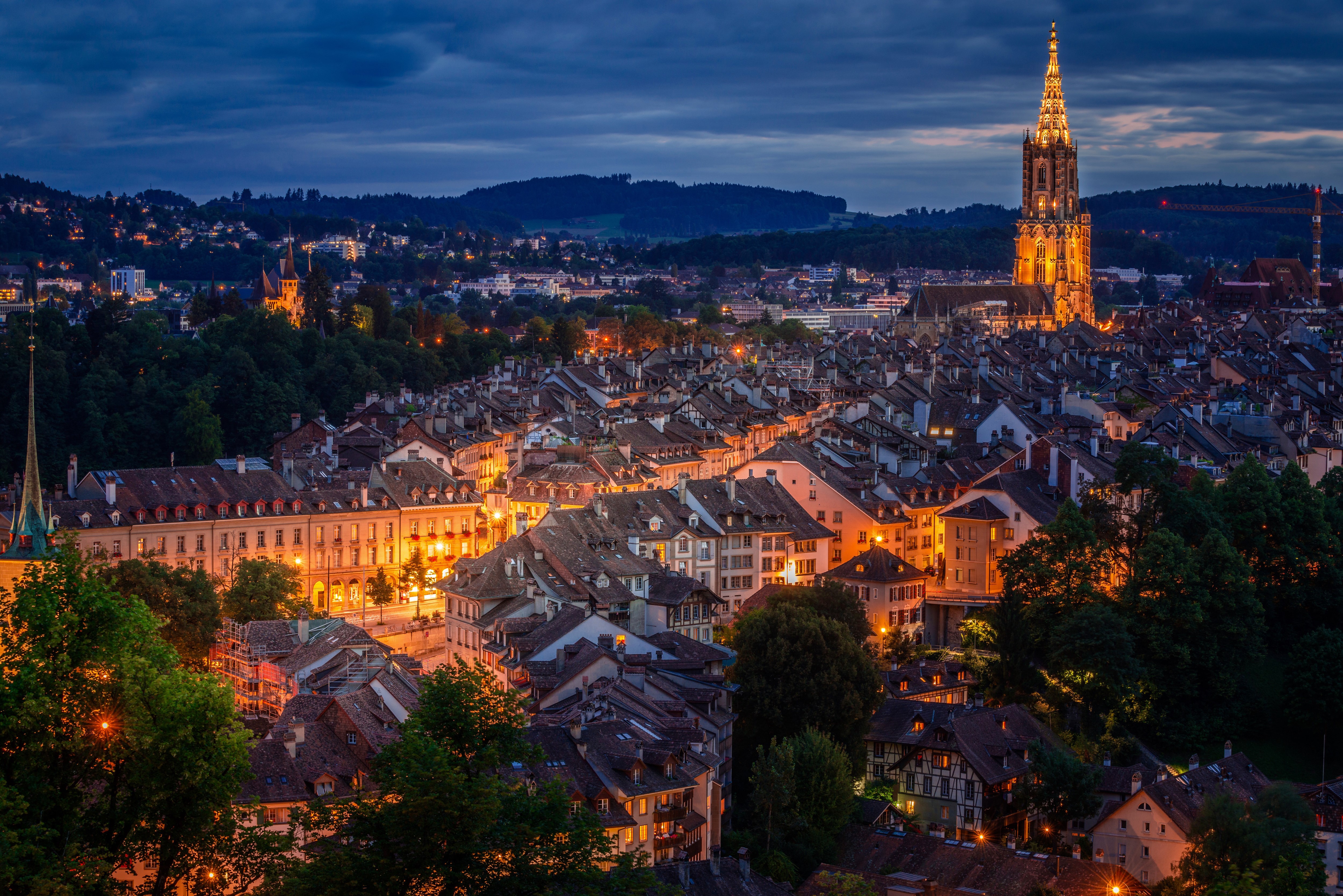 Bern, Switzerland at Night with Illuminated Buildings HD Wallpaper