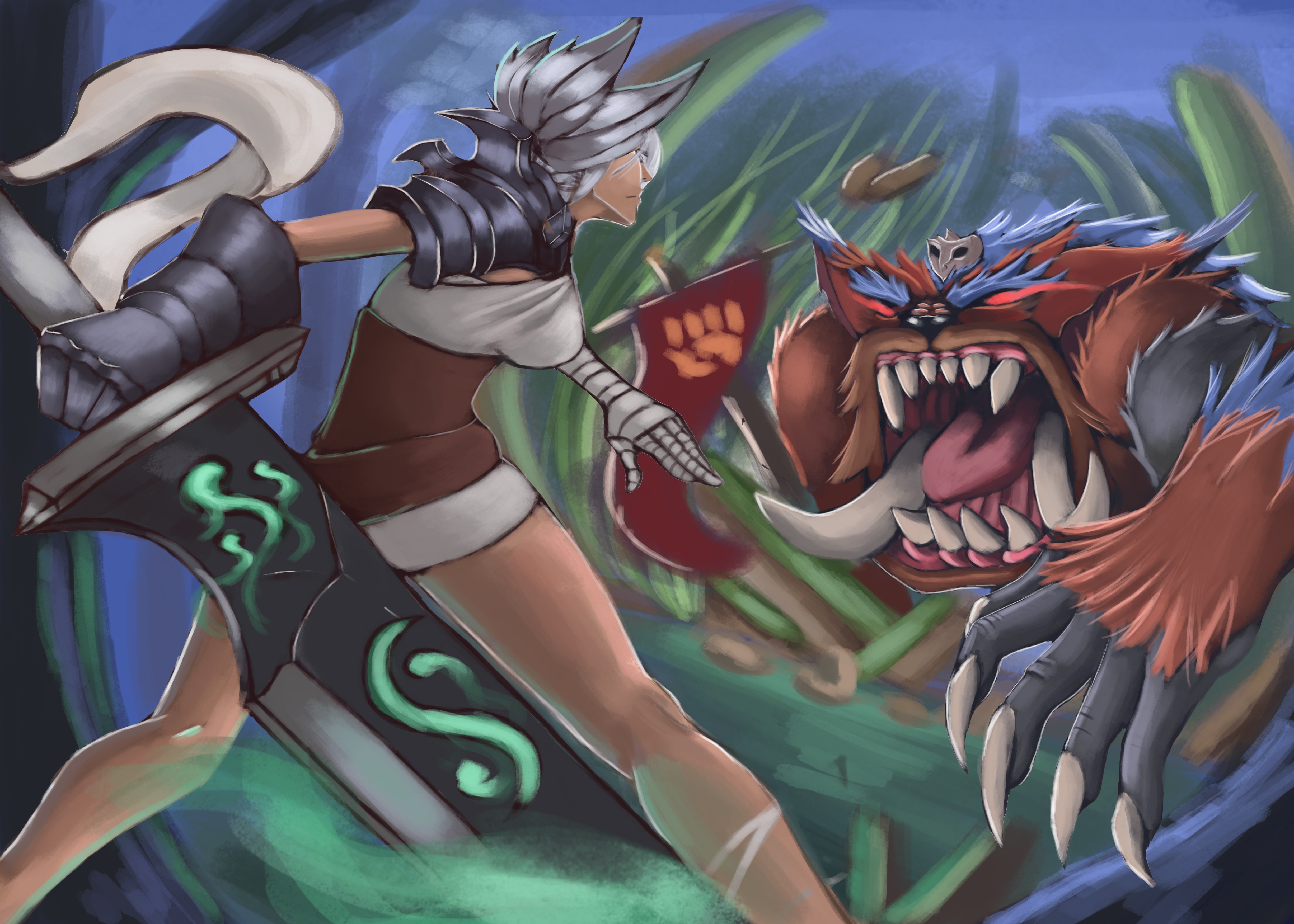Riven and a monster from League of Legends HD Wallpaper