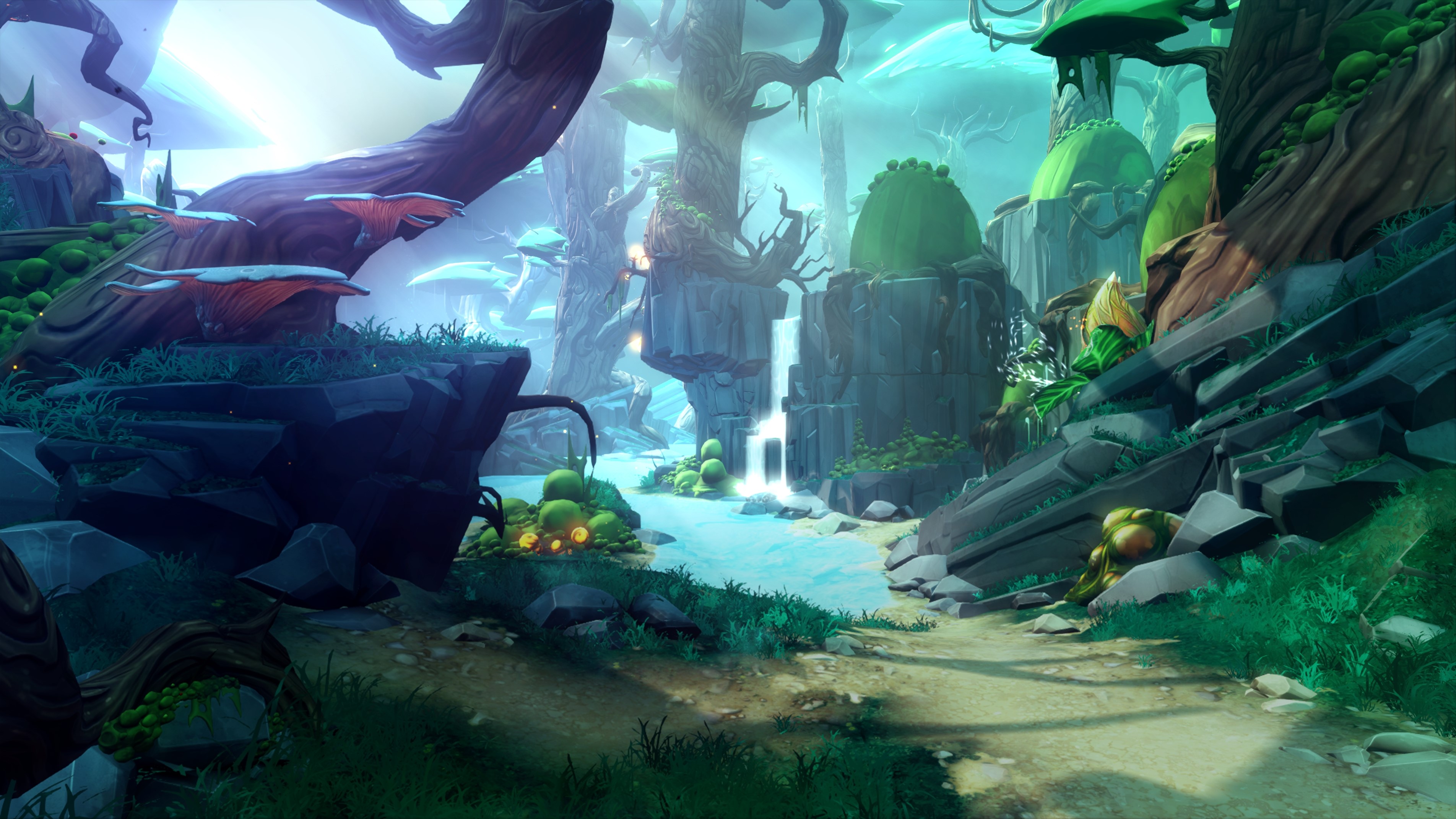 Fantasy forest with waterfalls and strange flora HD Wallpaper