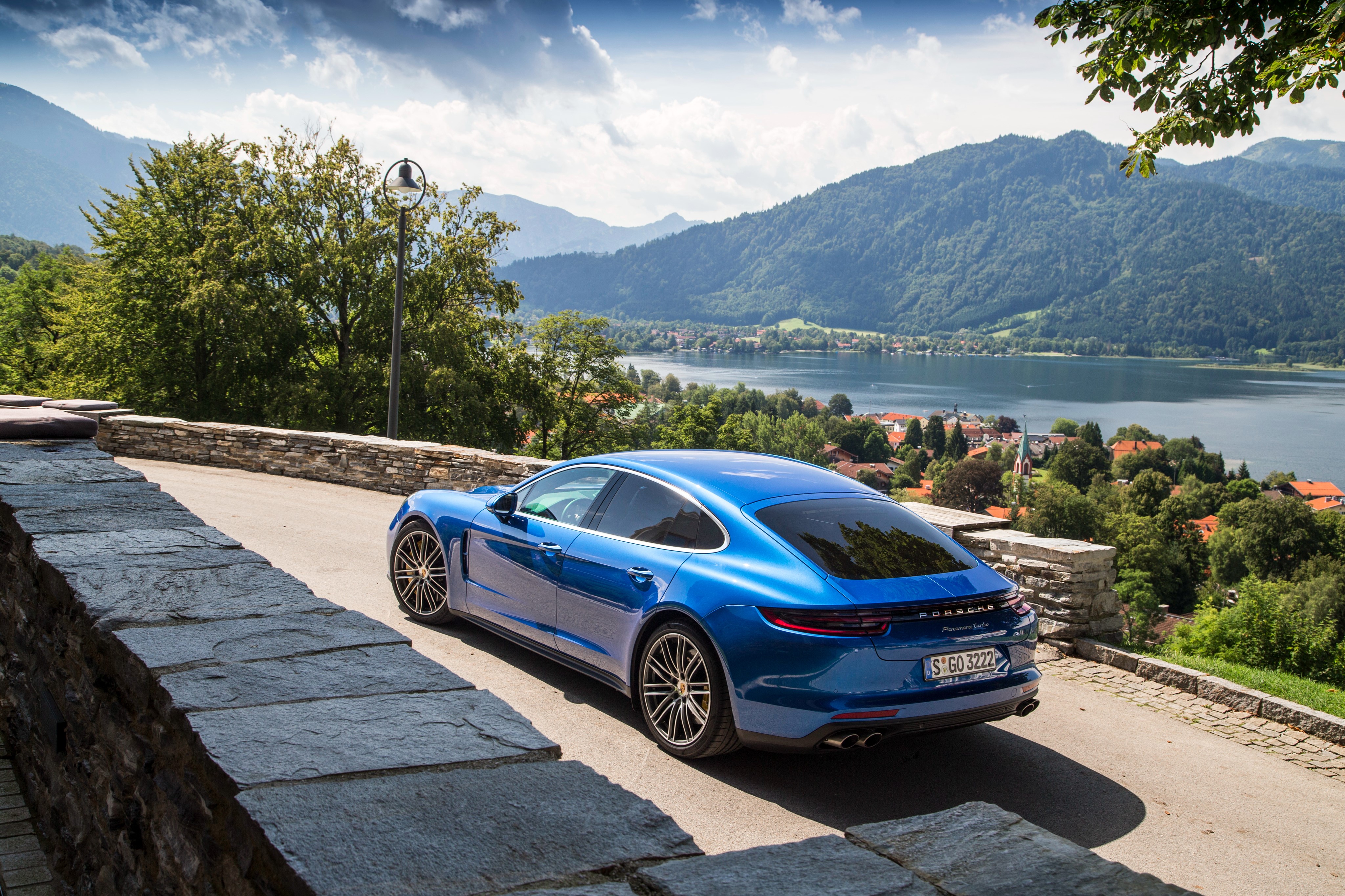 Blue 2016 Porsche Panamera Turbo from behind HD Wallpaper
