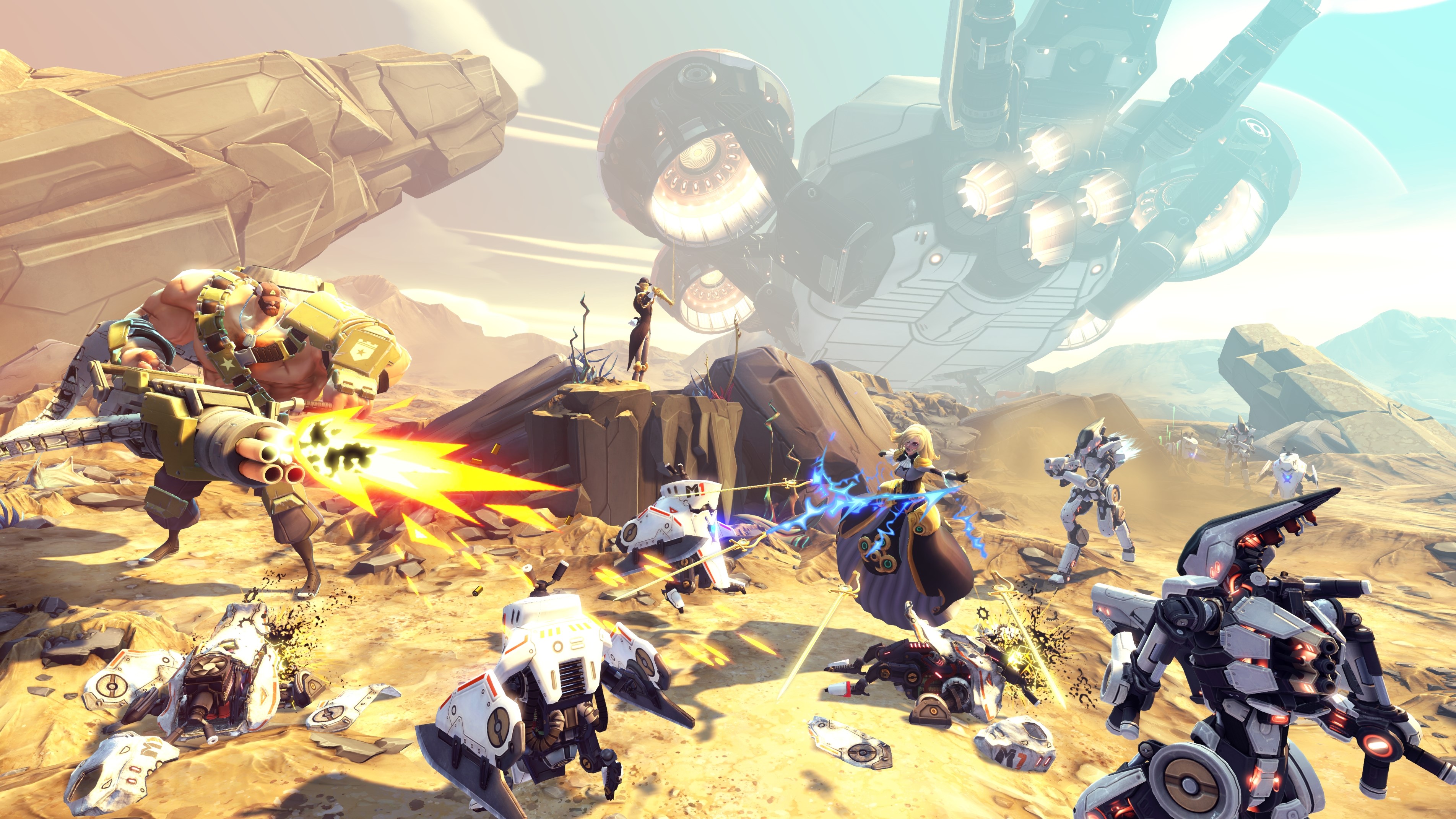 Battleborn characters in a desert battle with a spaceship HD Wallpaper