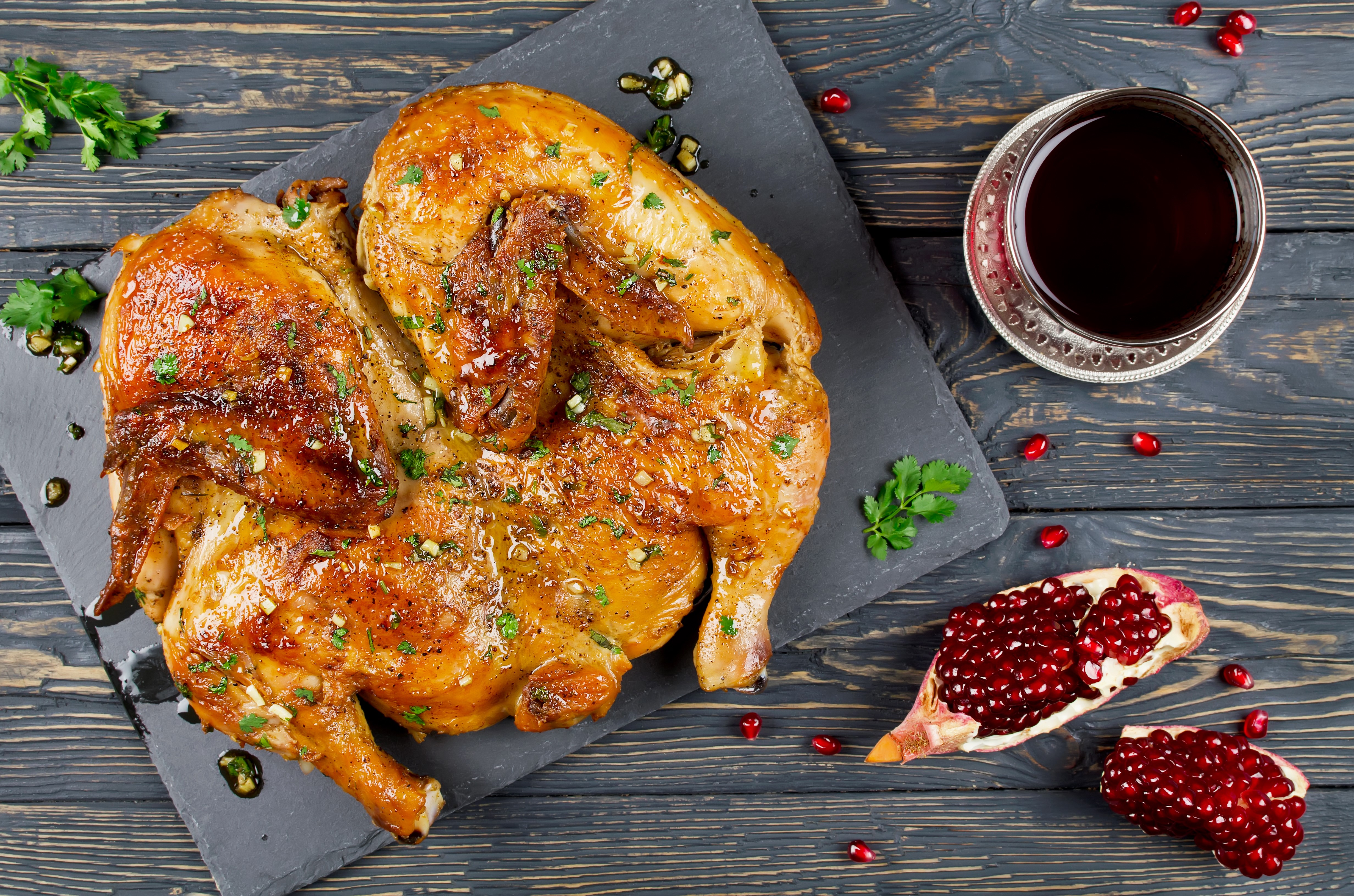 Roast Chicken with Pomegranate and Drink HD Wallpaper