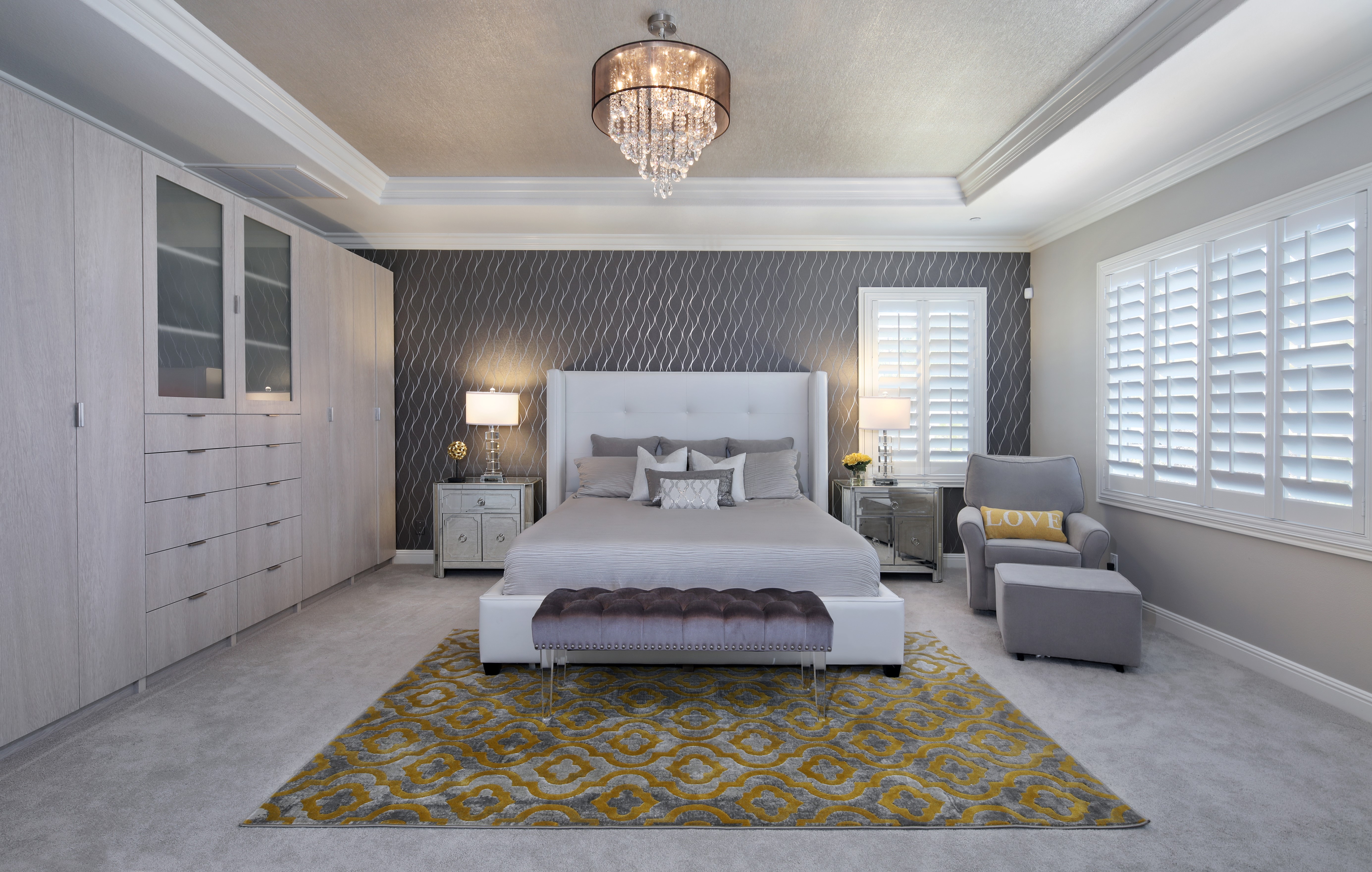 Modern Bedroom with Chandelier and Wardrobes HD Wallpaper