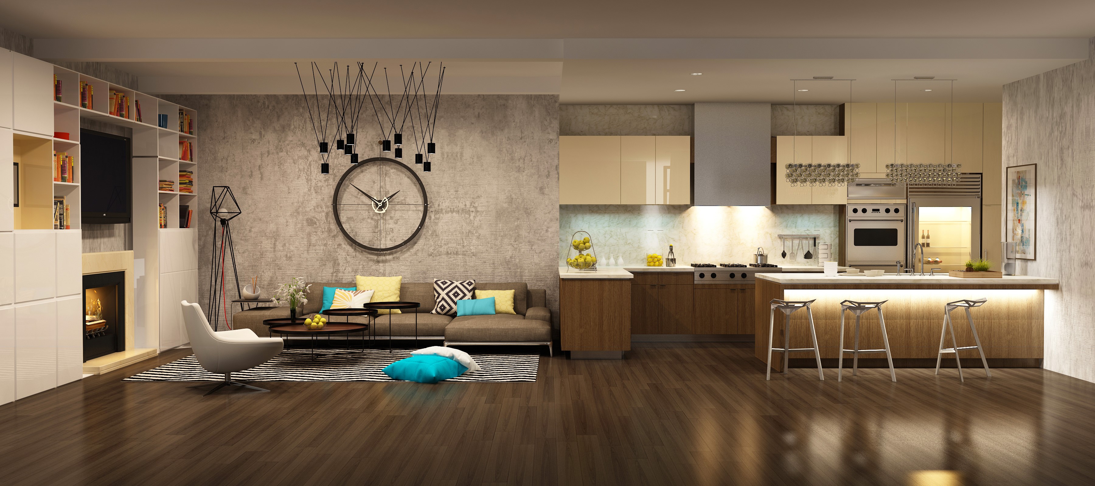 Modern living room and kitchen with sofa, armchair, and island HD Wallpaper
