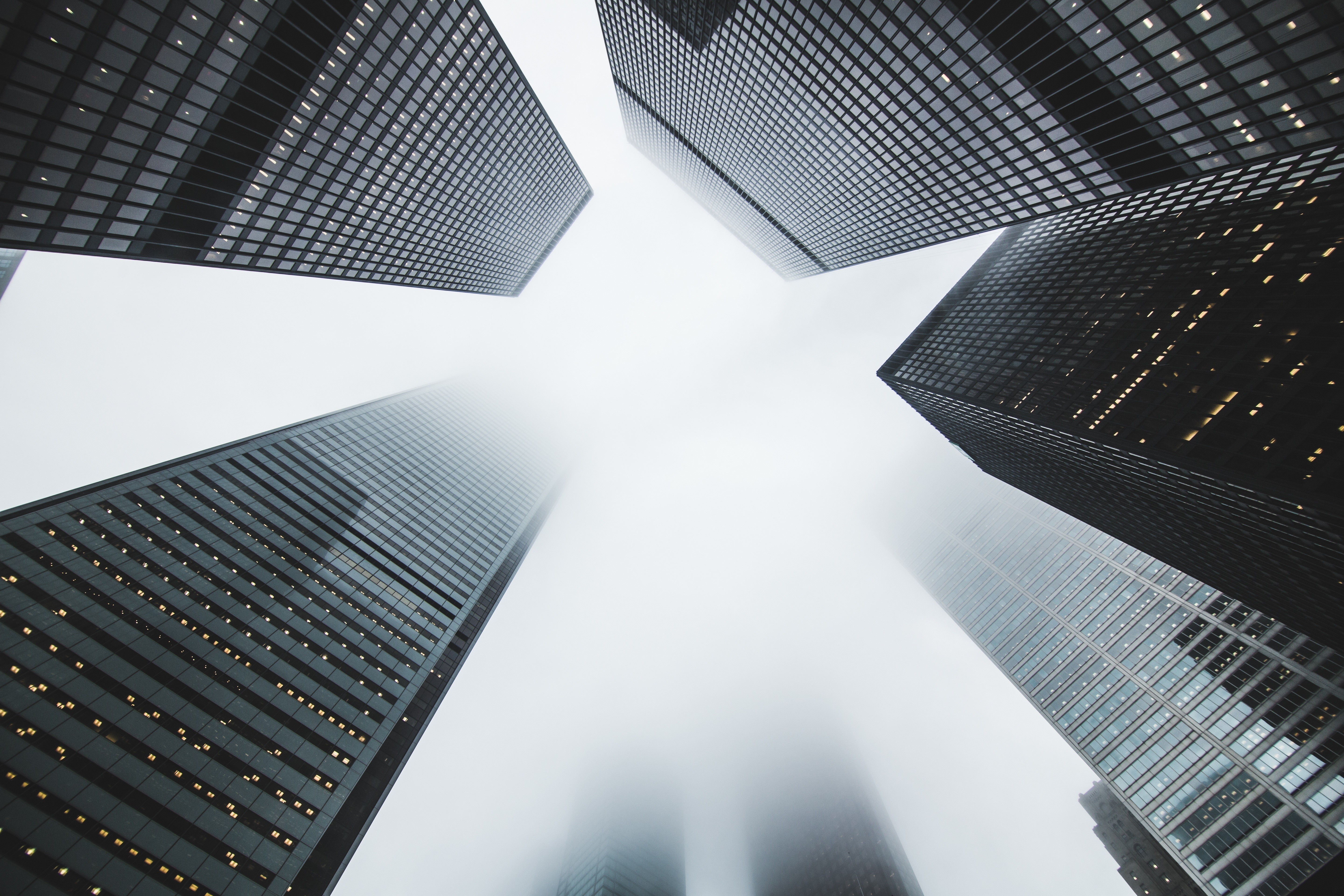 Skyscrapers in Fog, Bottom View HD Wallpaper