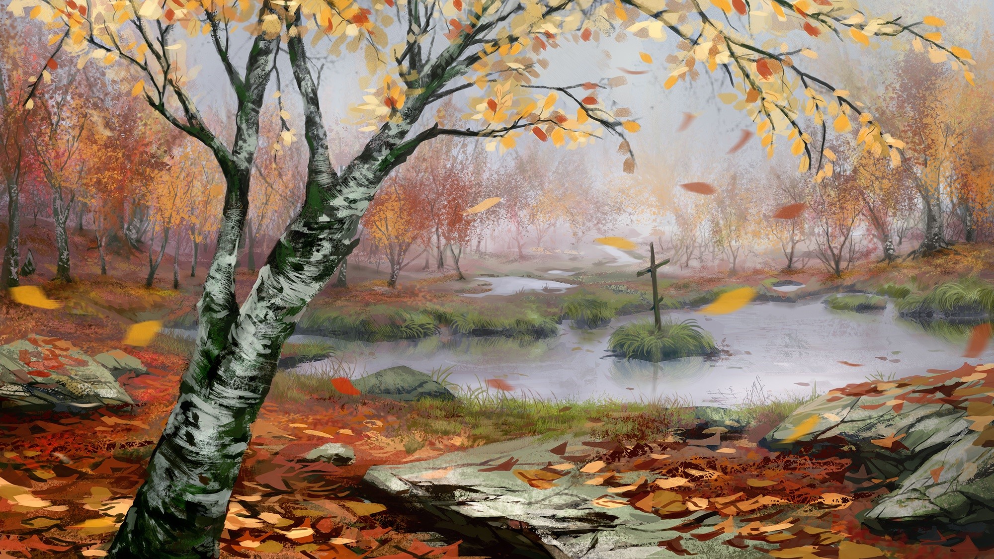 Painting of a swampy forest in autumn with a cross HD Wallpaper