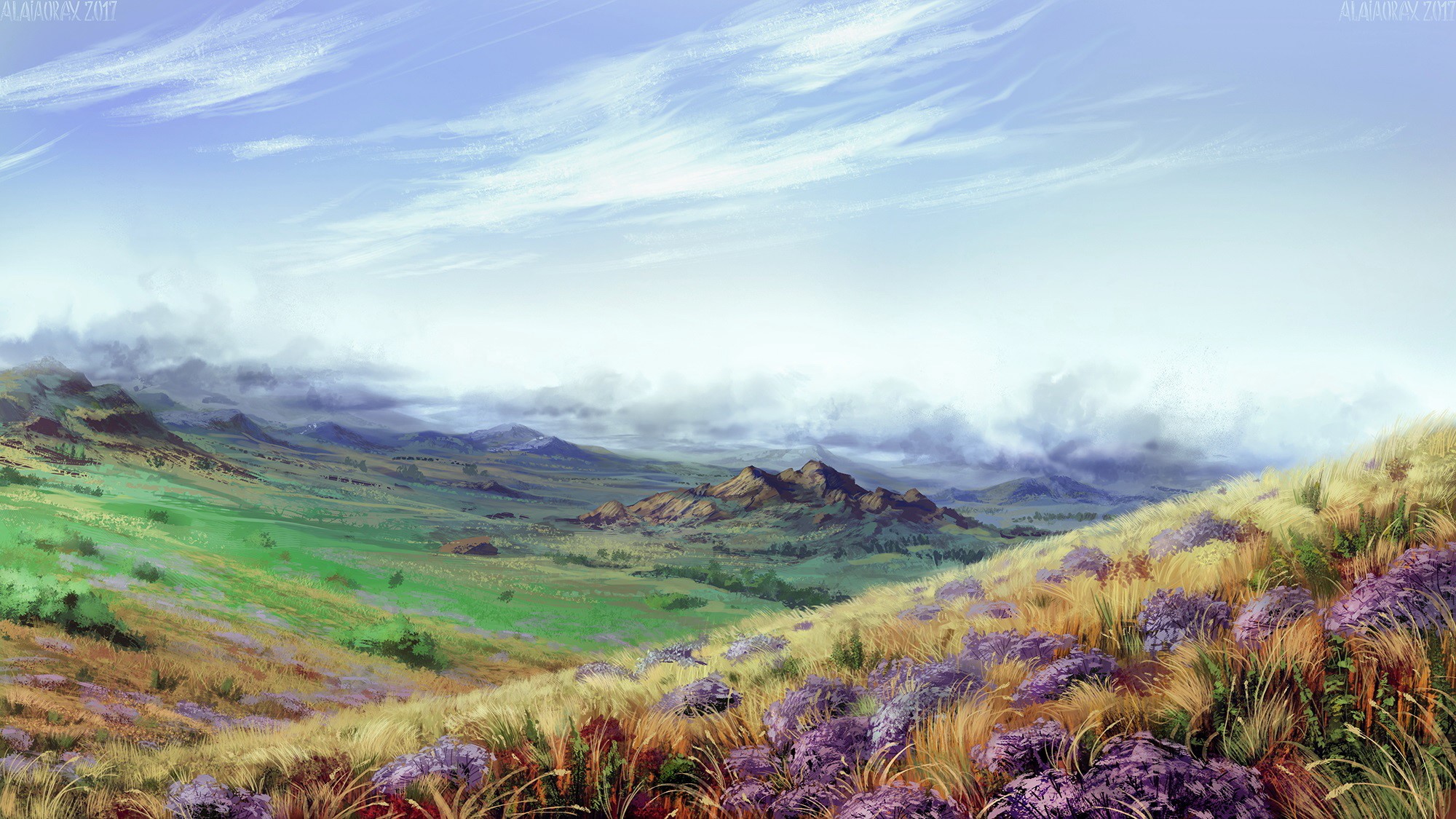 Painting of a boundless steppe with fields and mountains HD Wallpaper