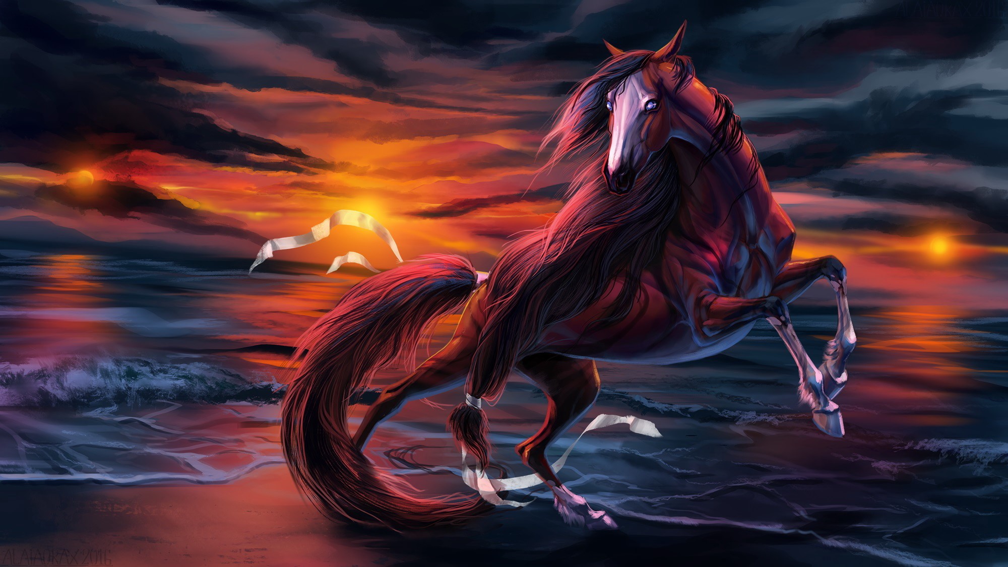 Painting of a horse on a beach at sunset HD Wallpaper