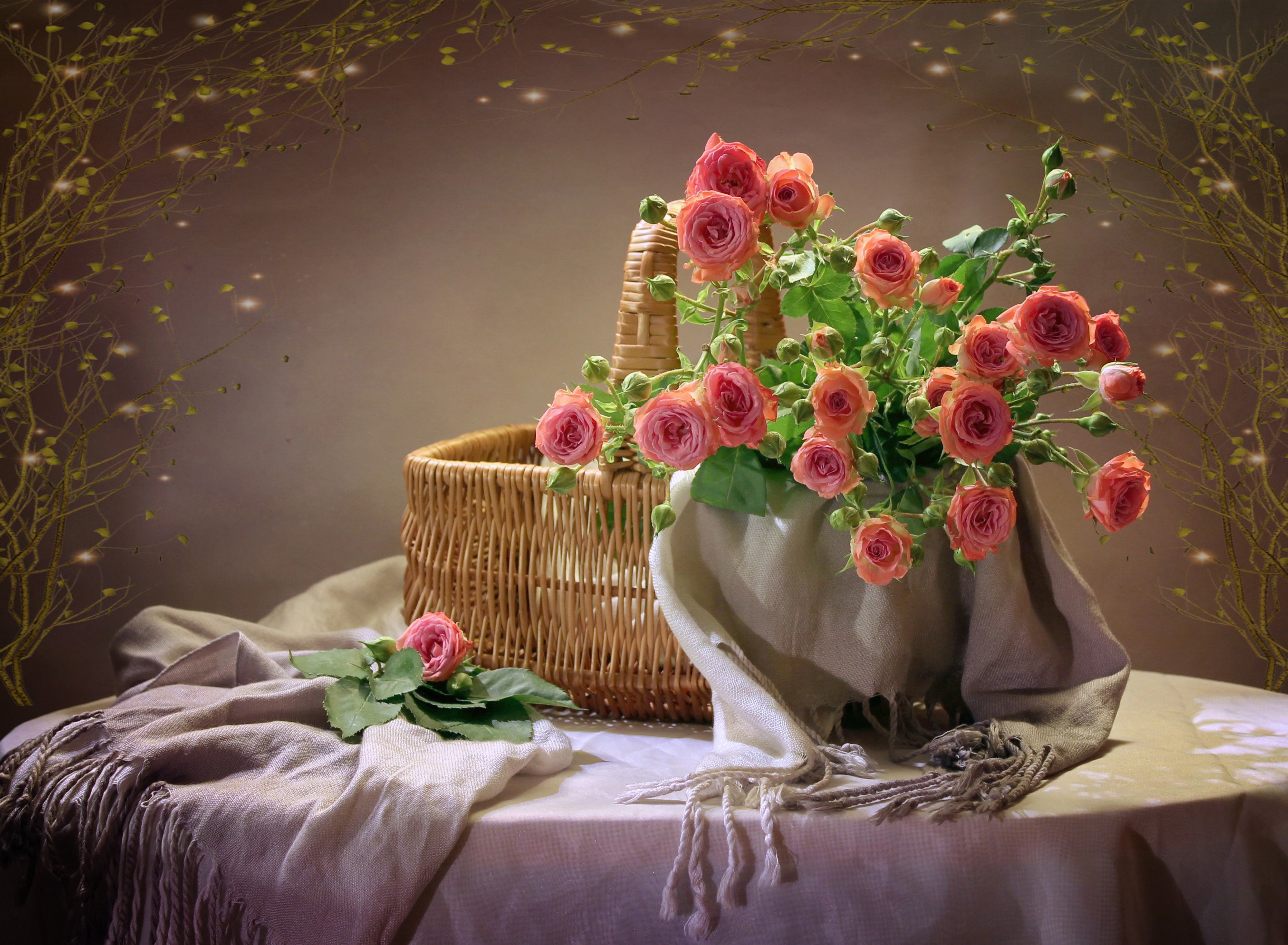Pink roses in a wicker basket with a scarf HD Wallpaper