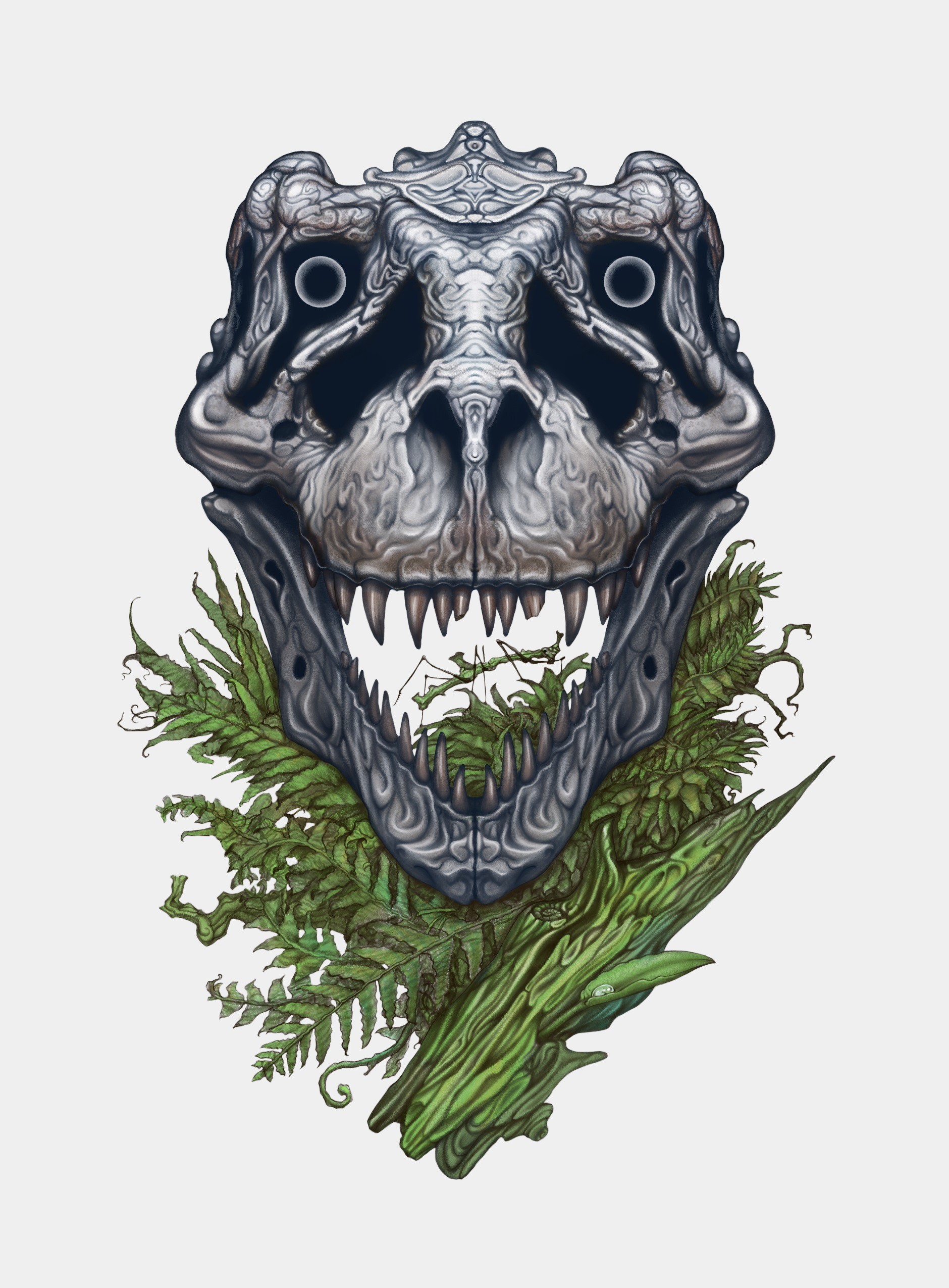 Tyrannosaurus Rex Skull with Ferns and Wood HD Phone Wallpaper