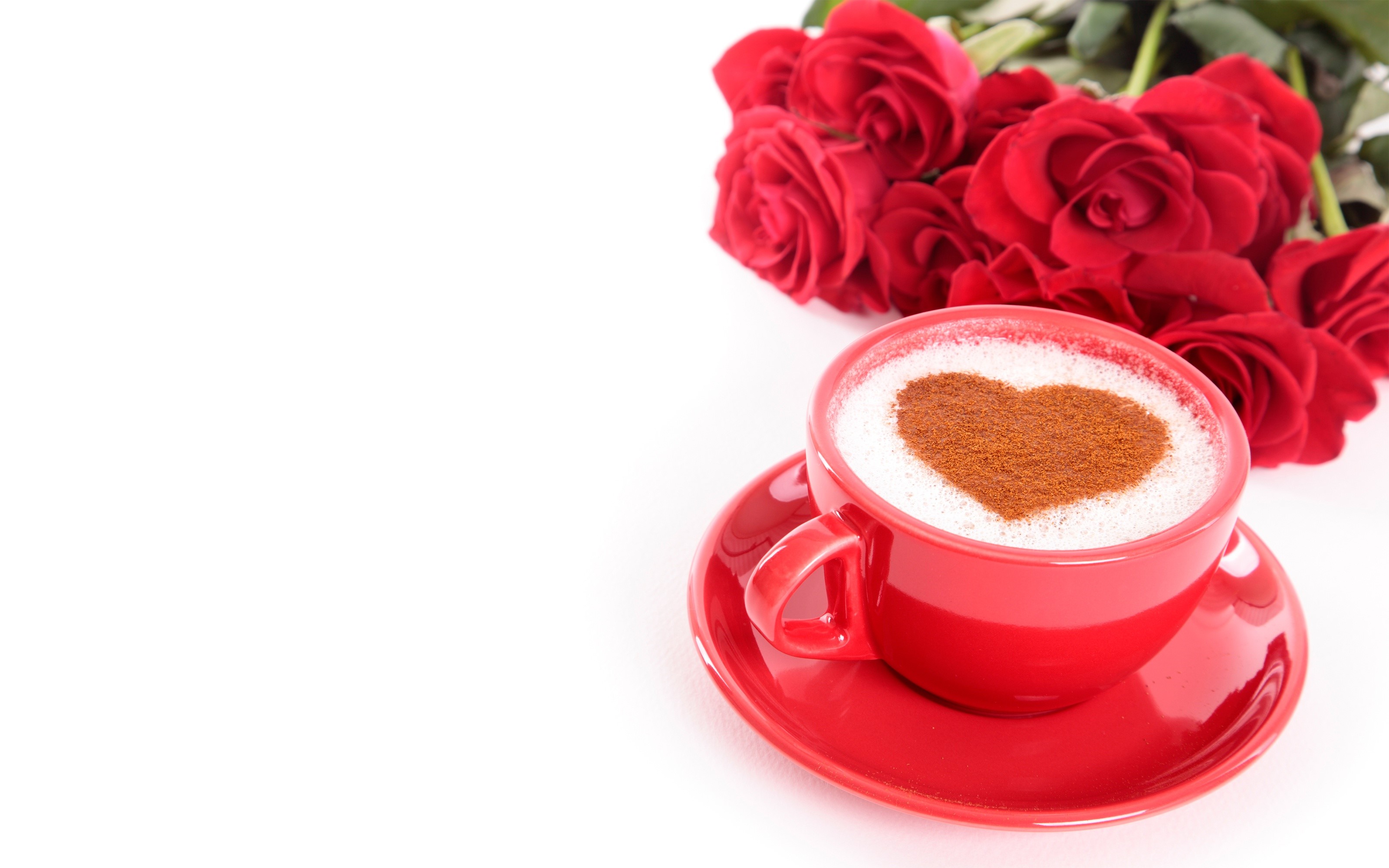 Red coffee cup with heart design and red roses HD Wallpaper