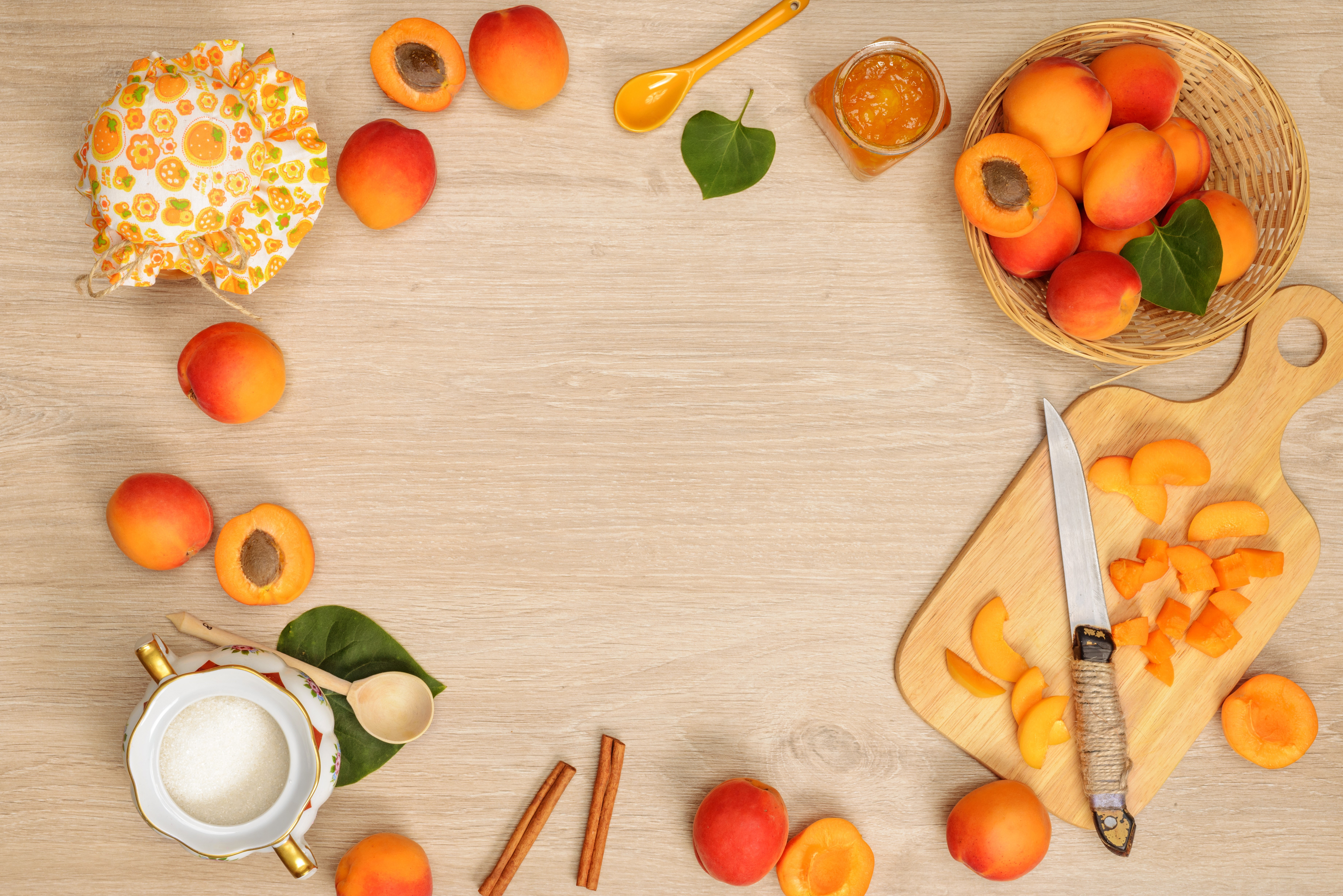 Apricots, Jam, Knife, and Cutting Board HD Wallpaper