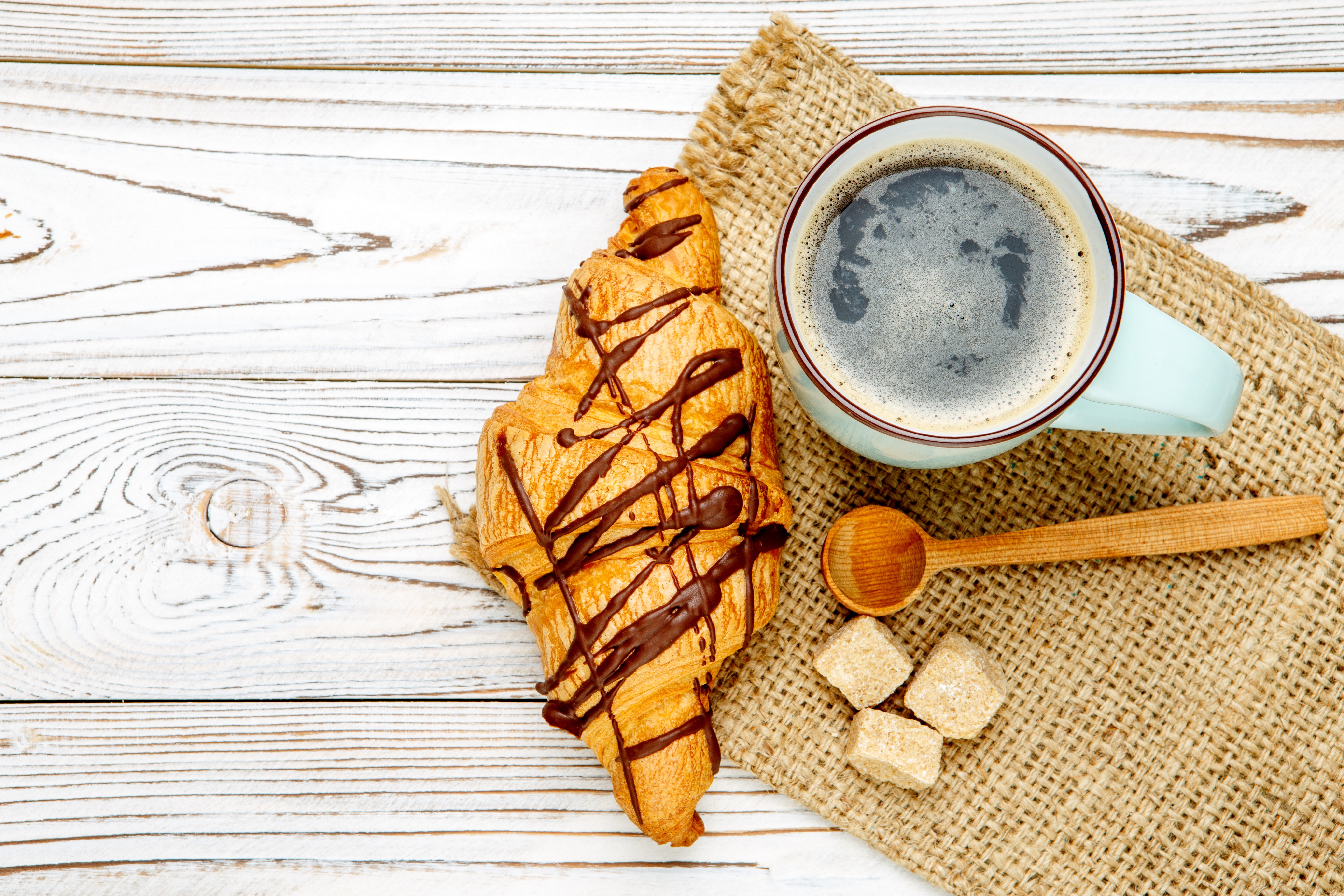 Coffee and Croissant with Sugar Cubes HD Wallpaper