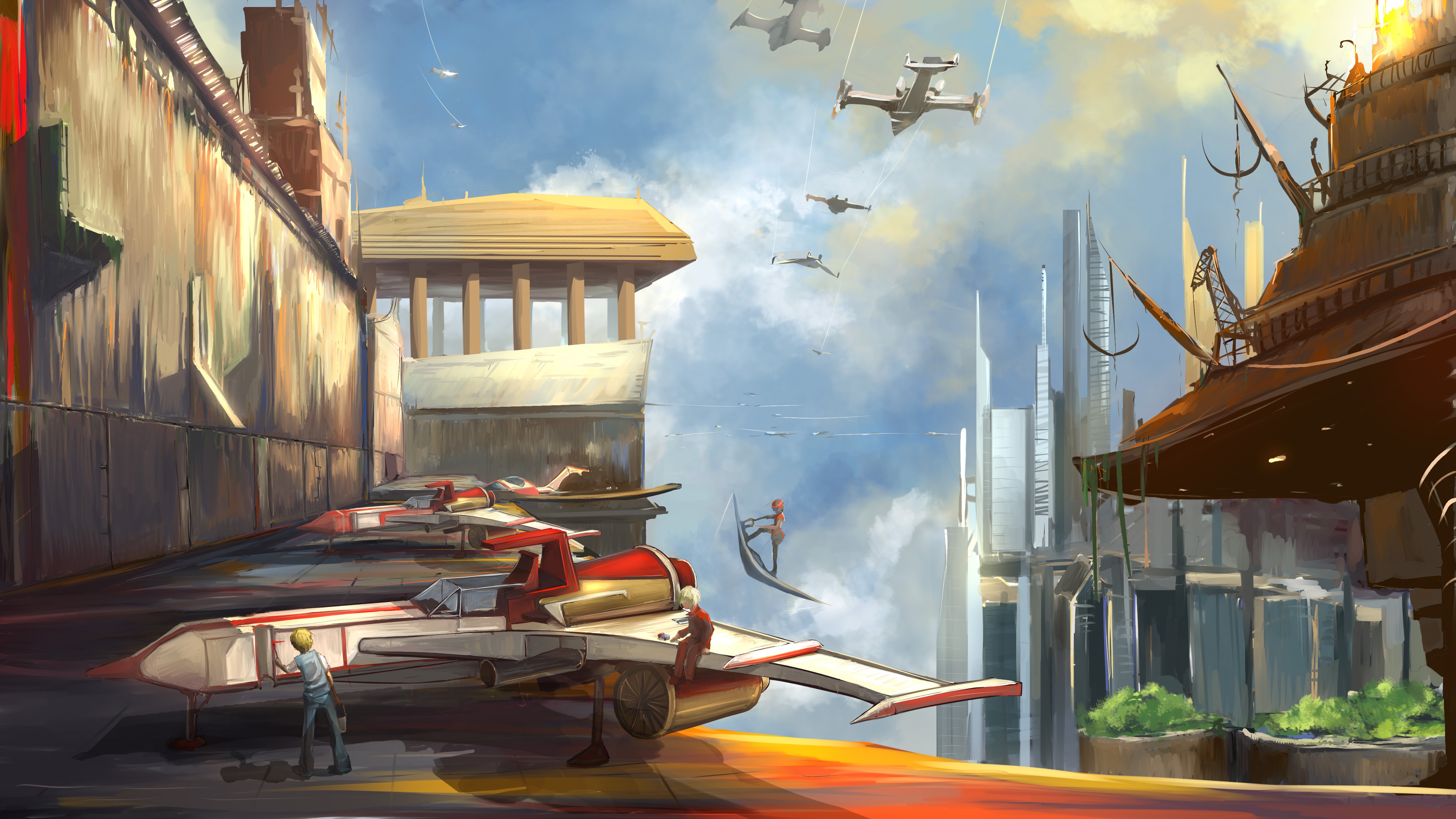Fantastic world with futuristic city and aircraft HD Wallpaper