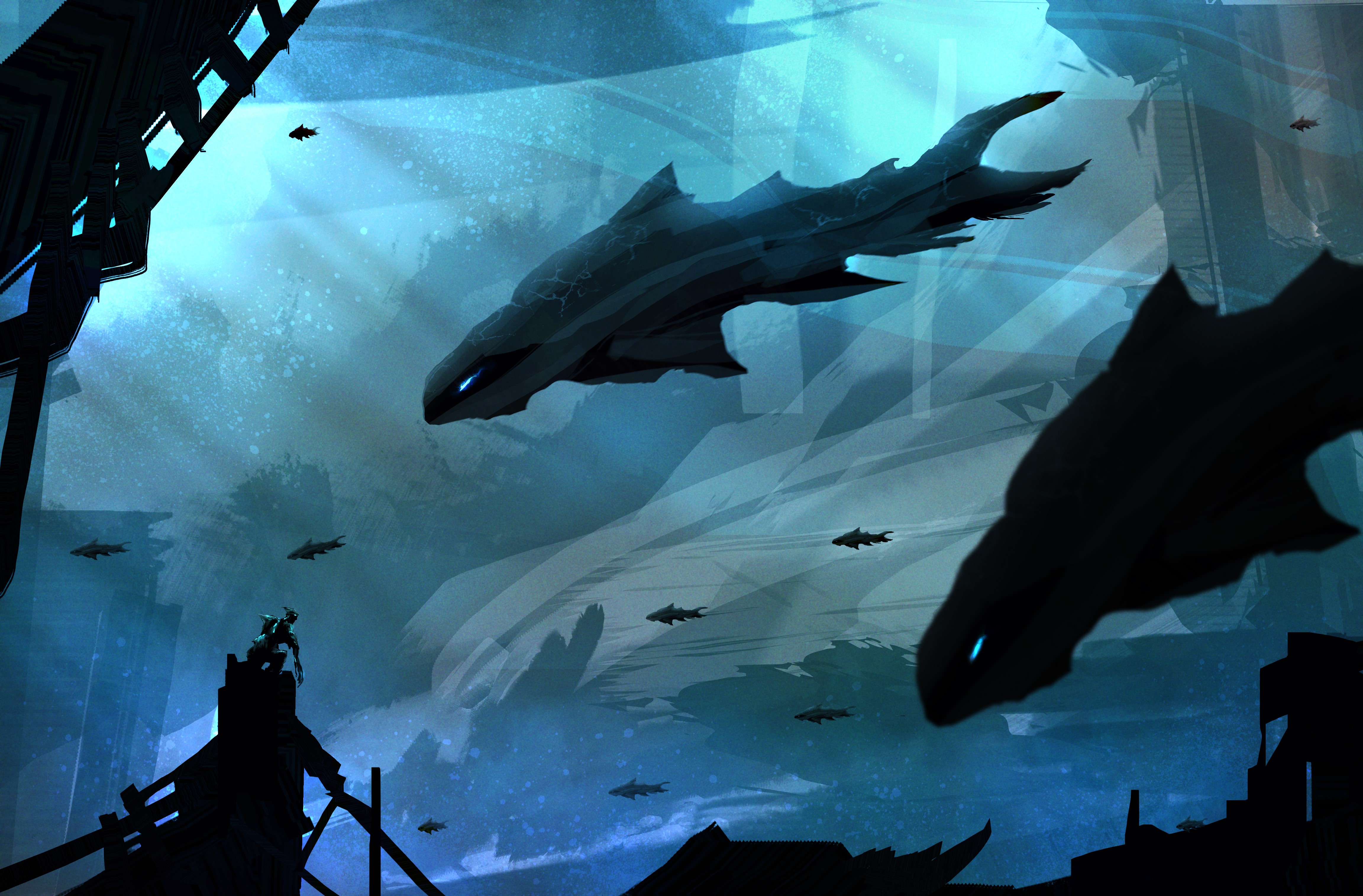 Underwater world with fish and ships HD Wallpaper