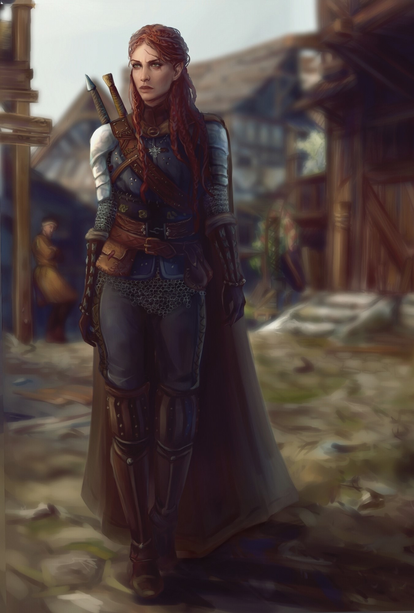 Redhead warrior woman with swords in armor HD Phone Wallpaper