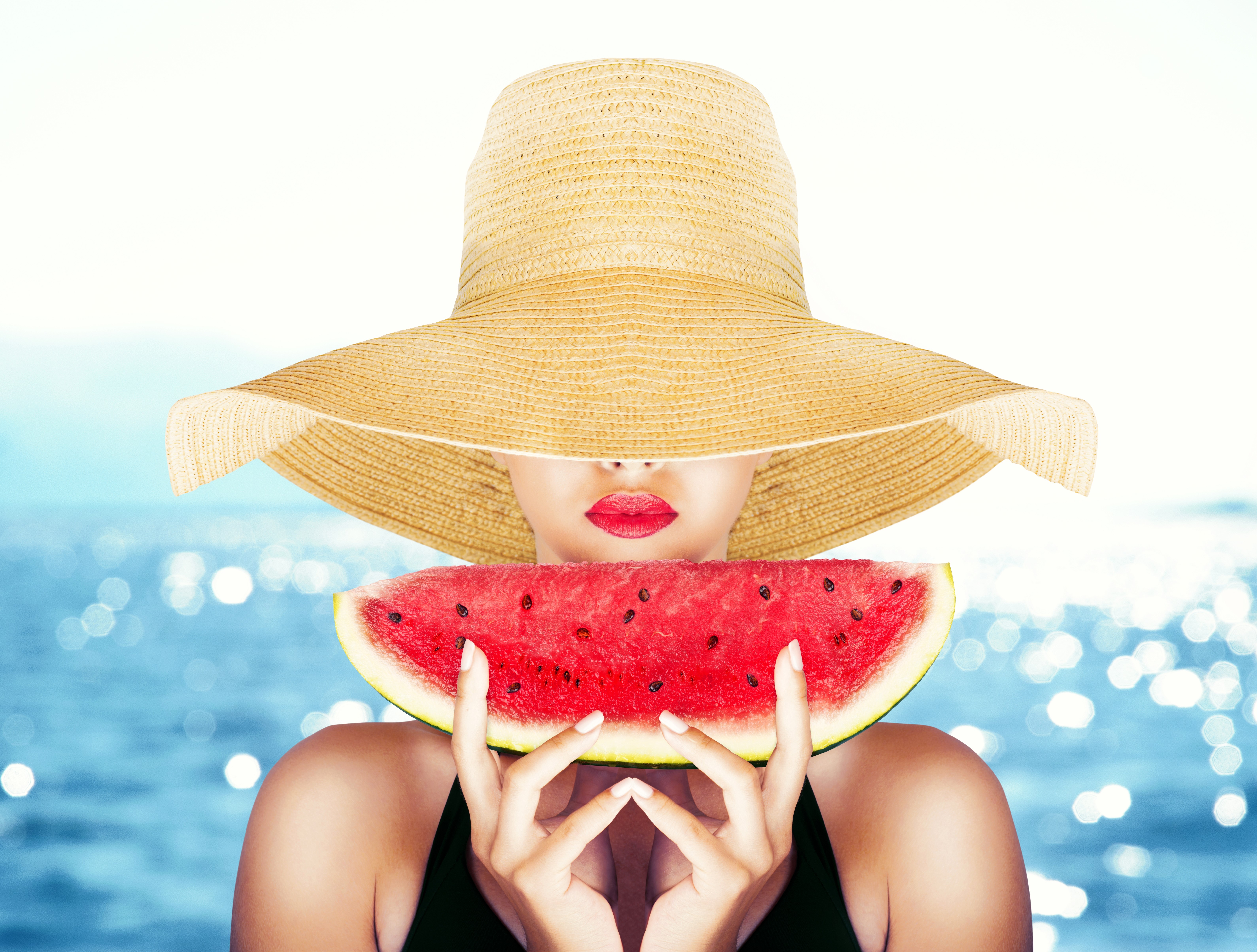 Woman in Hat Holding Watermelon Slice HD Wallpaper