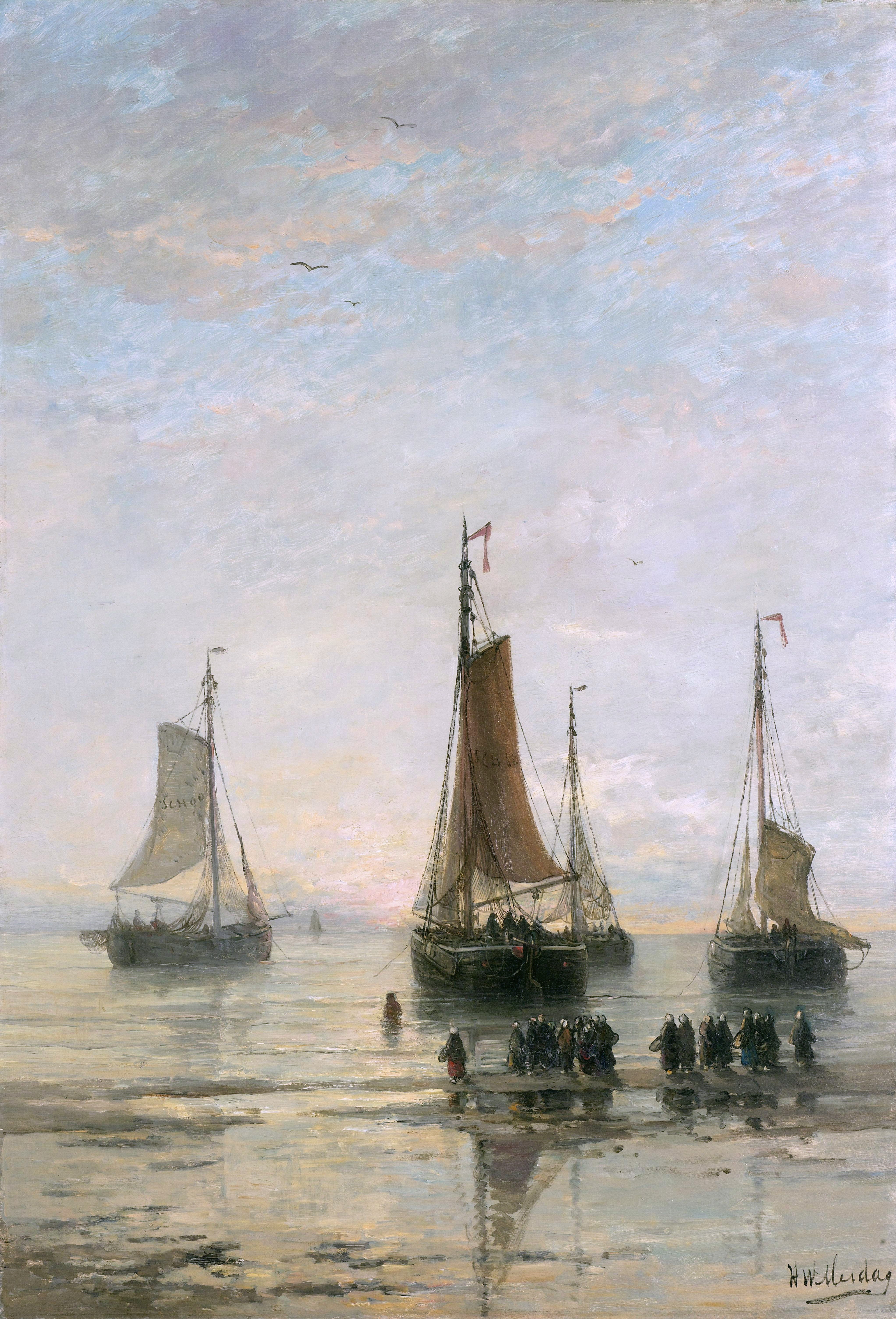 4K Bluff-Bowed Scheveningen Boats at Anchor by Hendrik Willem Mesdag HD Phone Wallpaper