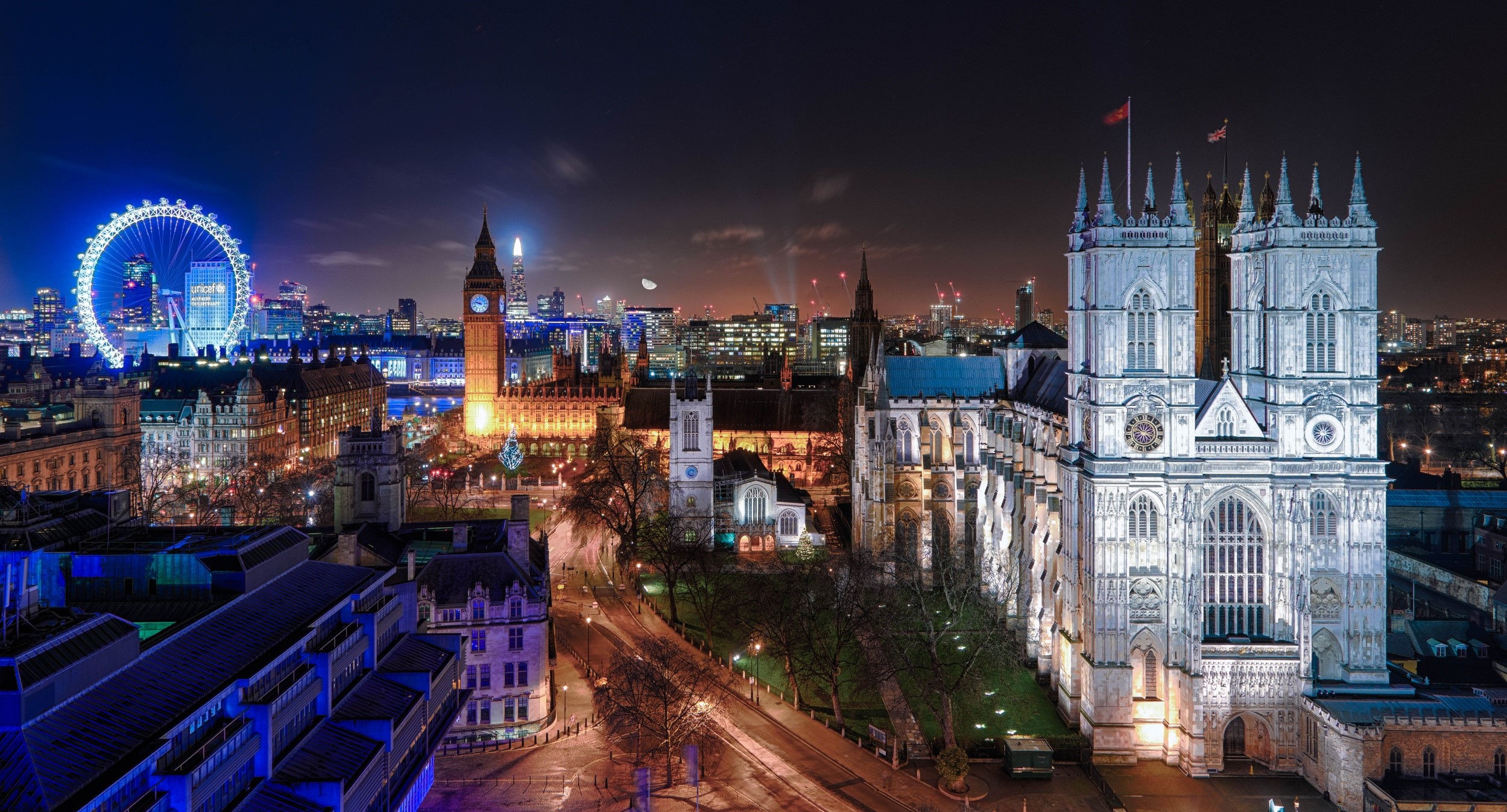 London skyline at night with Westminster Abbey and London Eye HD Wallpaper