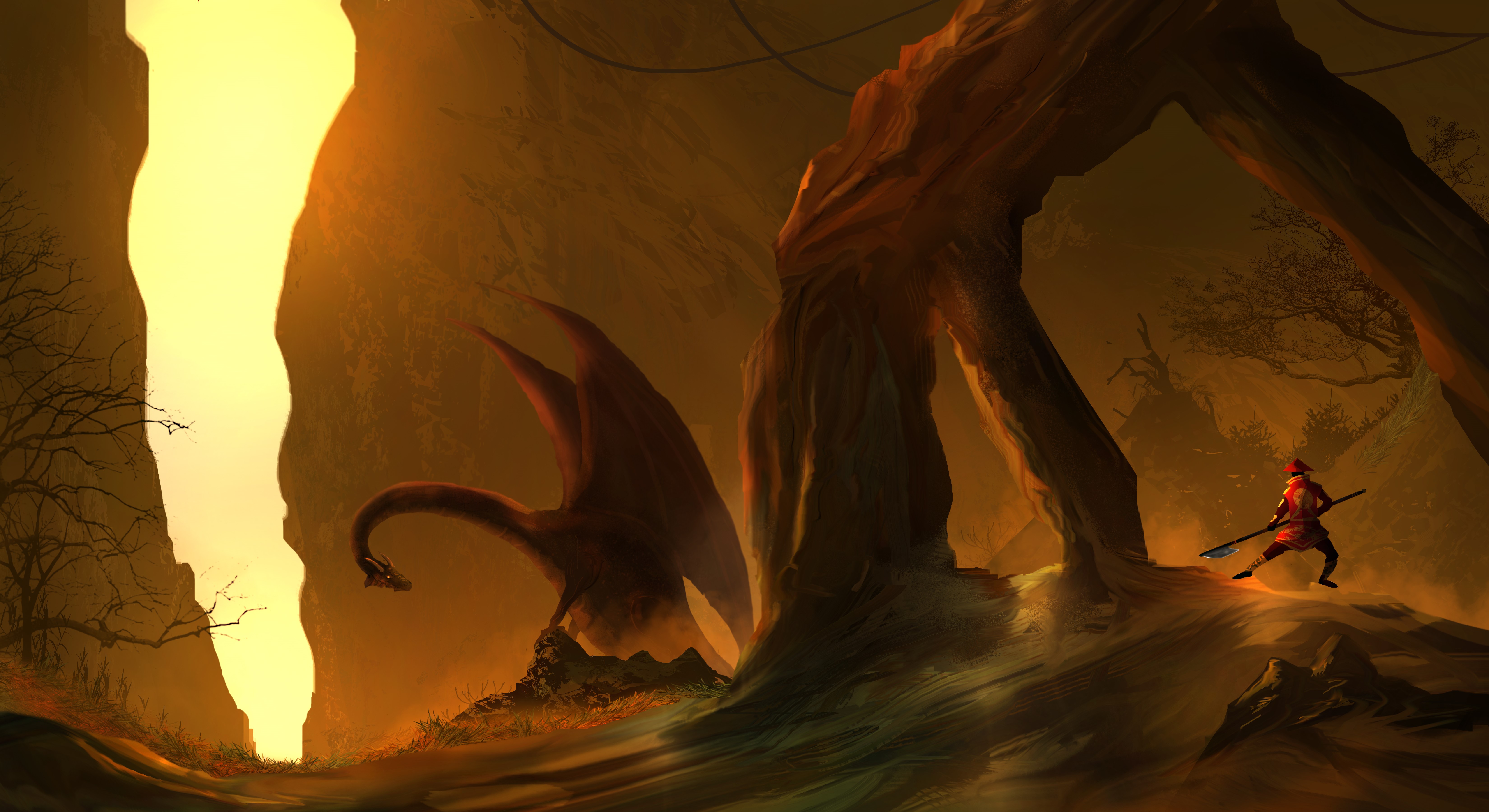 Dragon and Warrior in a Cave HD Wallpaper