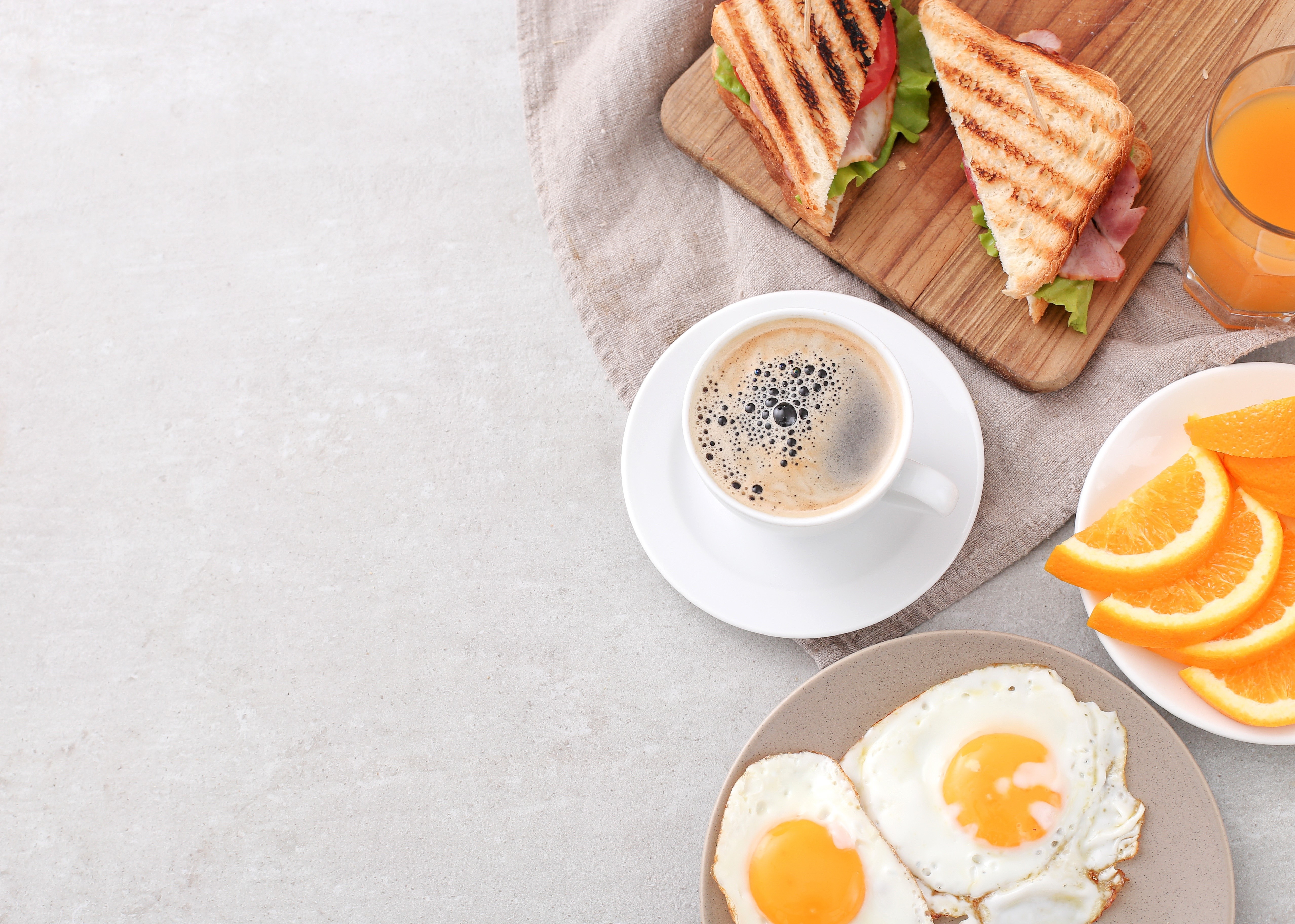 Breakfast with Coffee, Sandwich, Fried Eggs, and Orange Juice HD Wallpaper