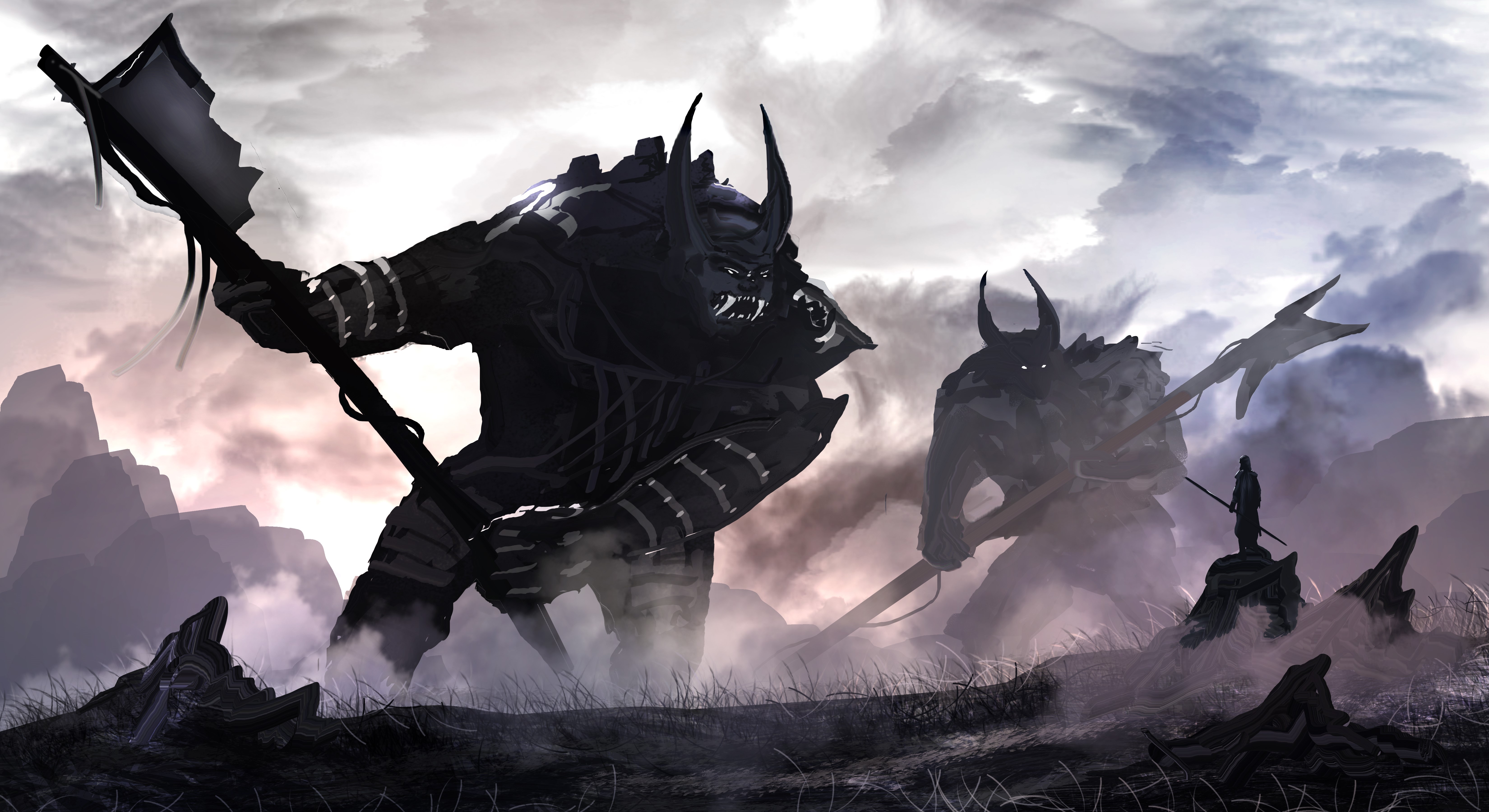 Two giant warriors with spears and a small figure HD Wallpaper