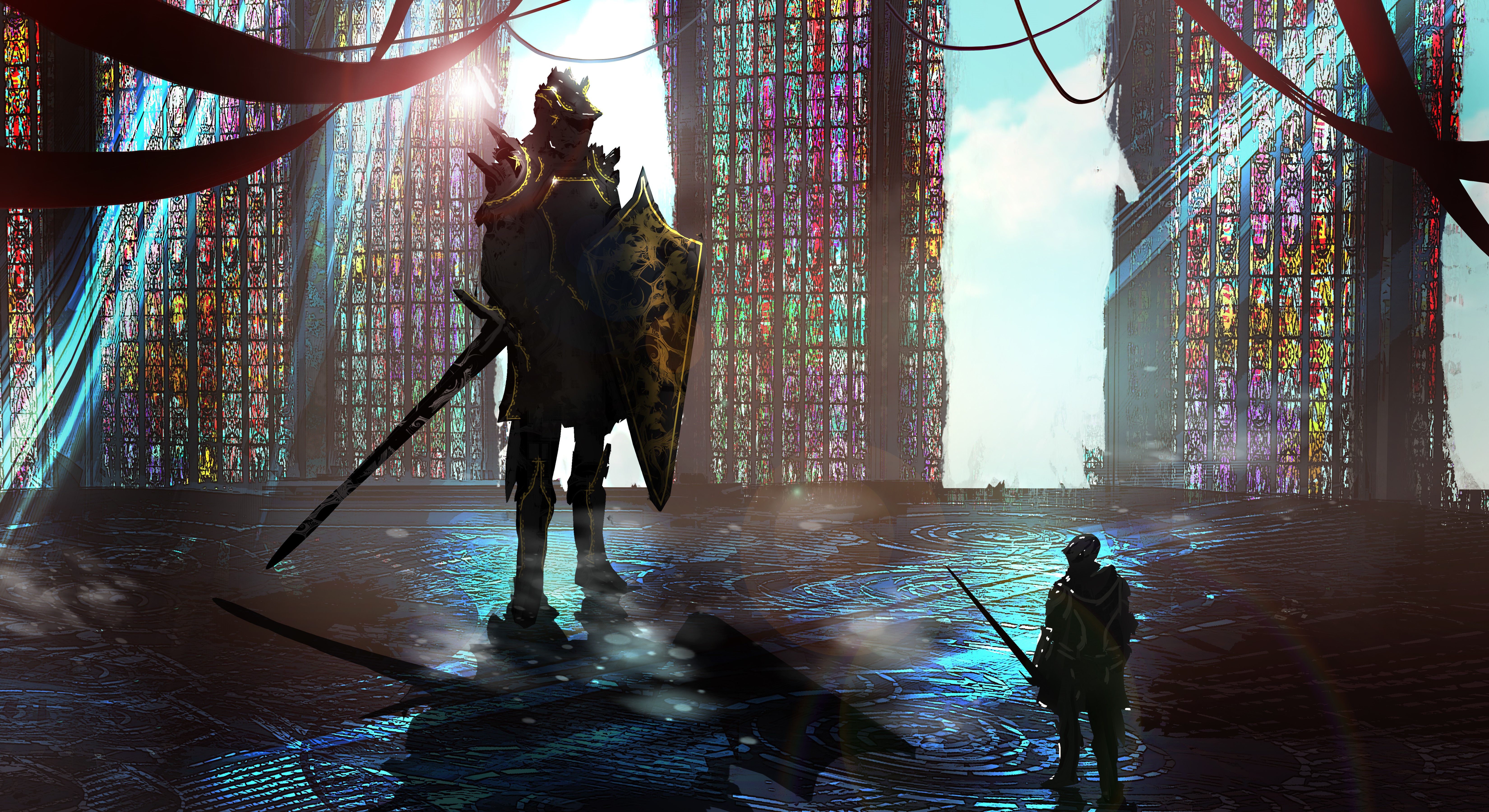 Knight with Sword and Shield in Stained Glass Cathedral HD Wallpaper