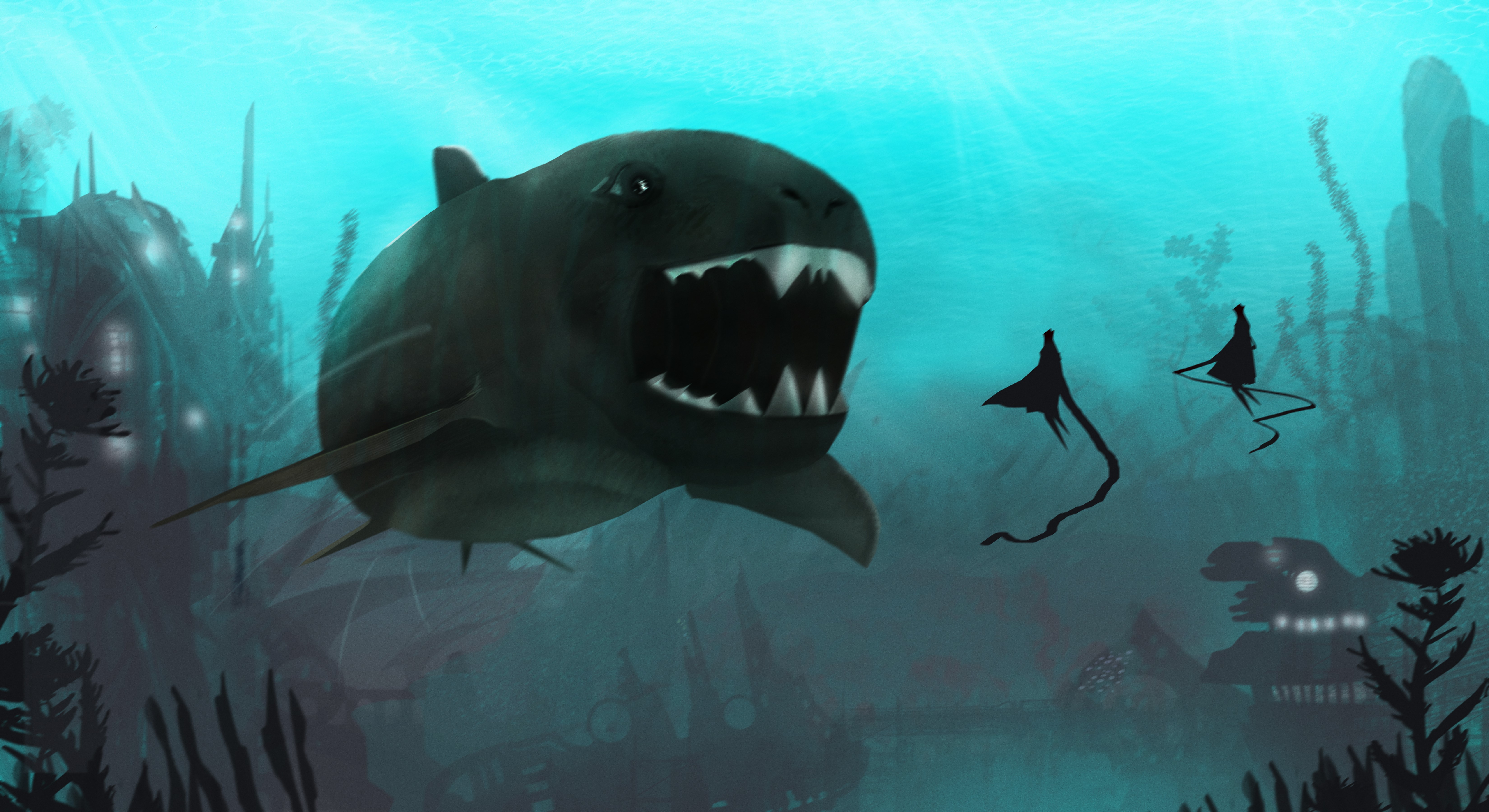 Underwater world with shark and alien city HD Wallpaper