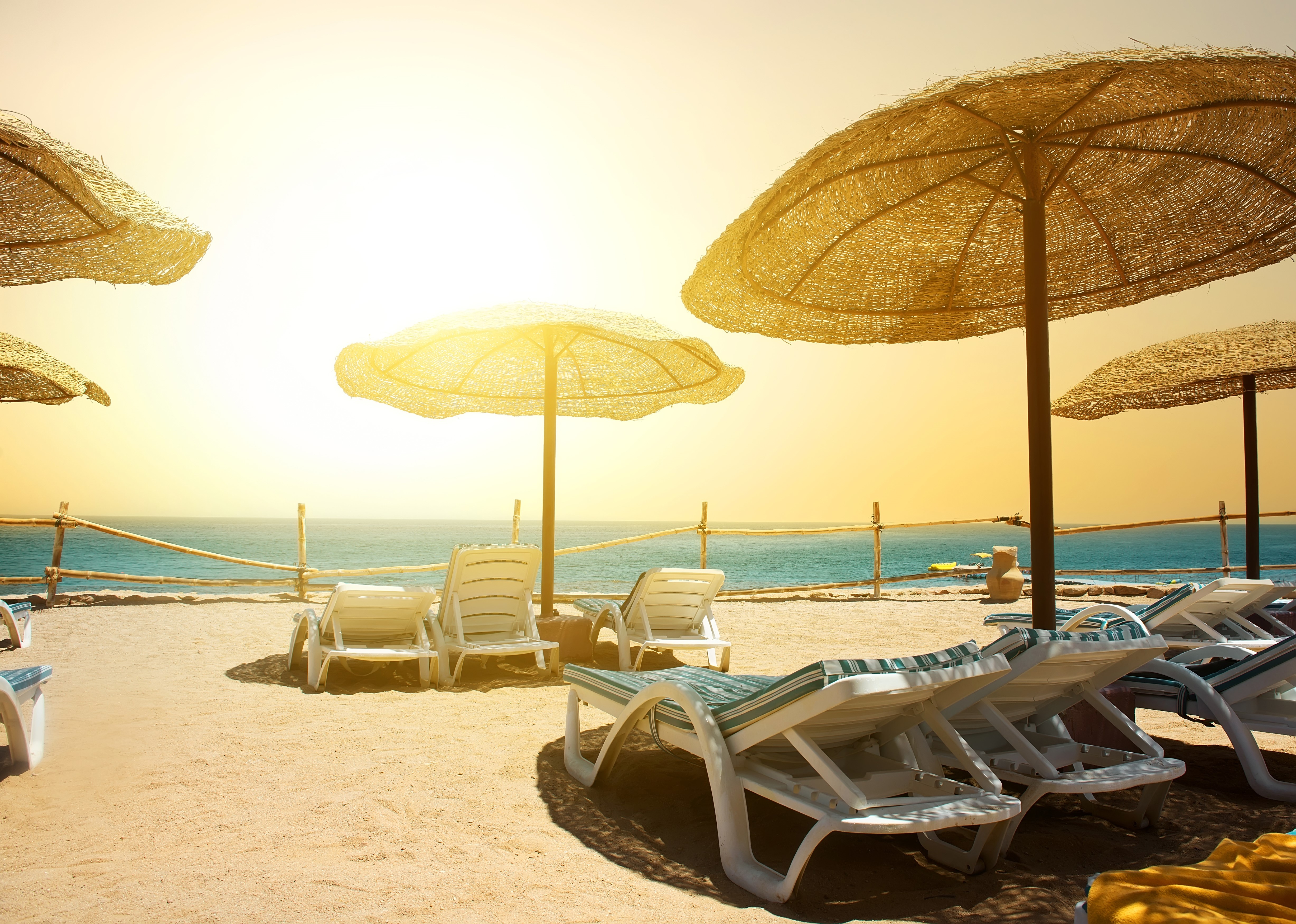 Beach with sunloungers and umbrellas HD Wallpaper