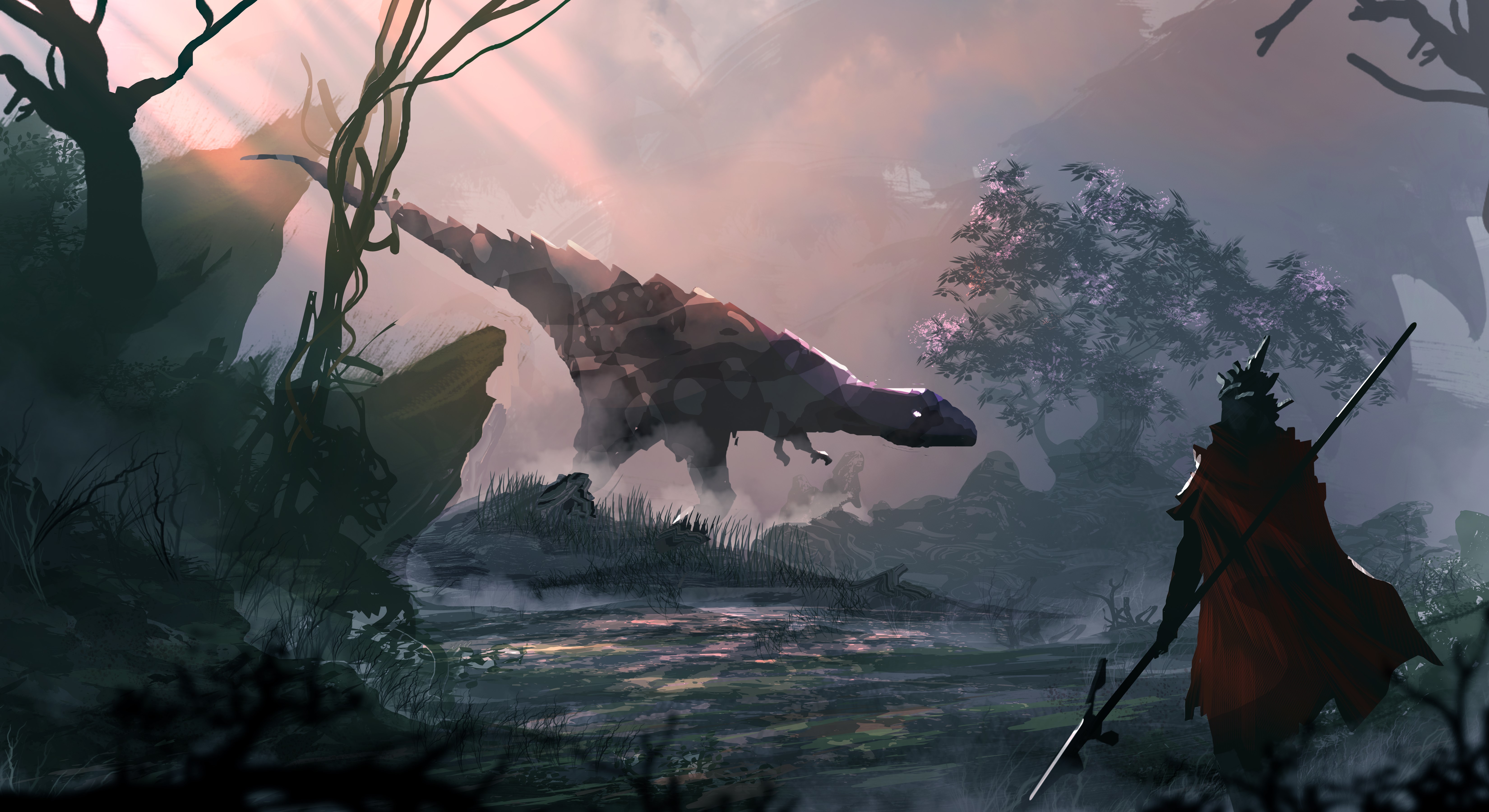 Warrior with Spear faces Dinosaur in Misty Forest HD Wallpaper