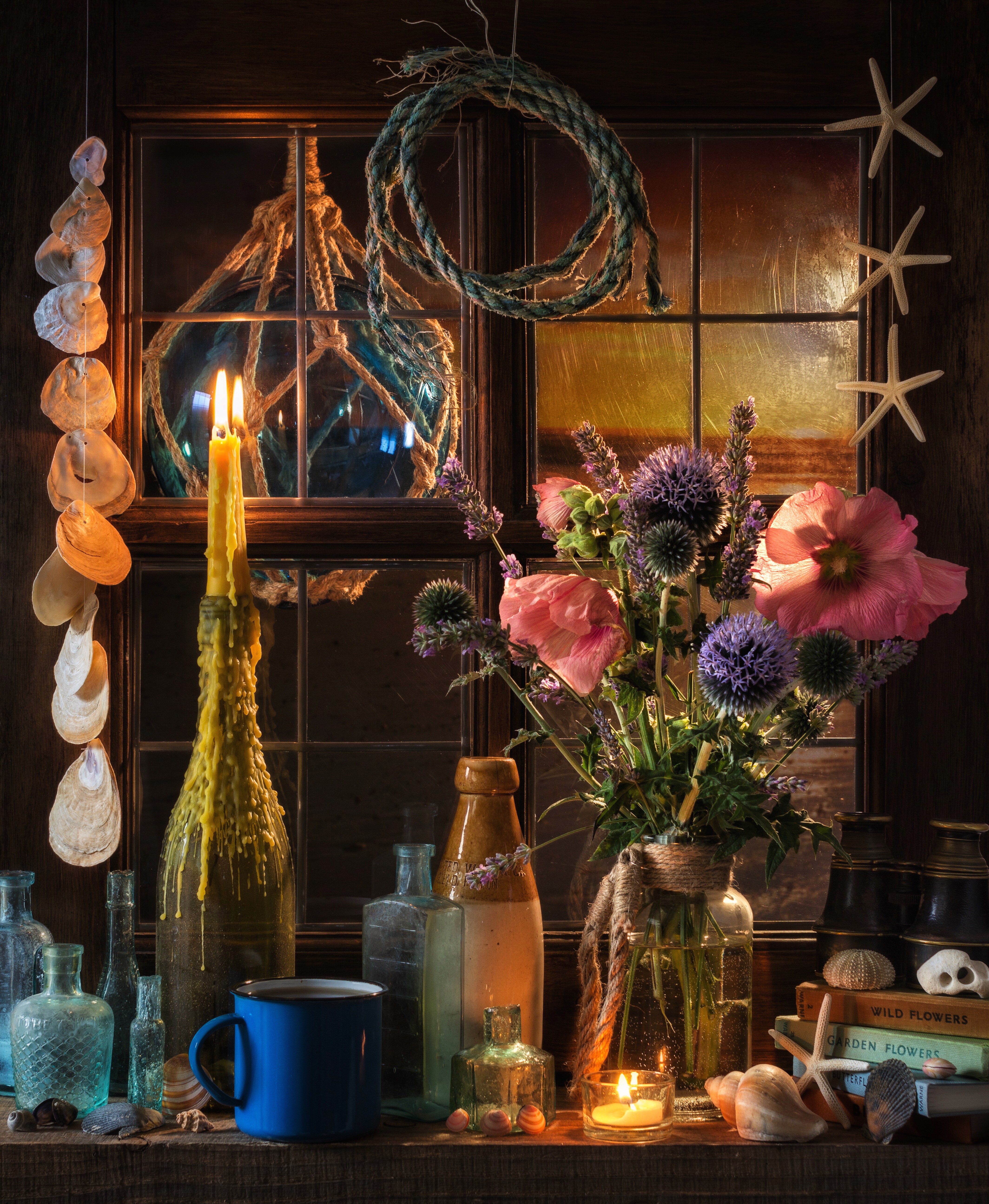 Still-life with flowers, candles, shells, and bottles HD Phone Wallpaper