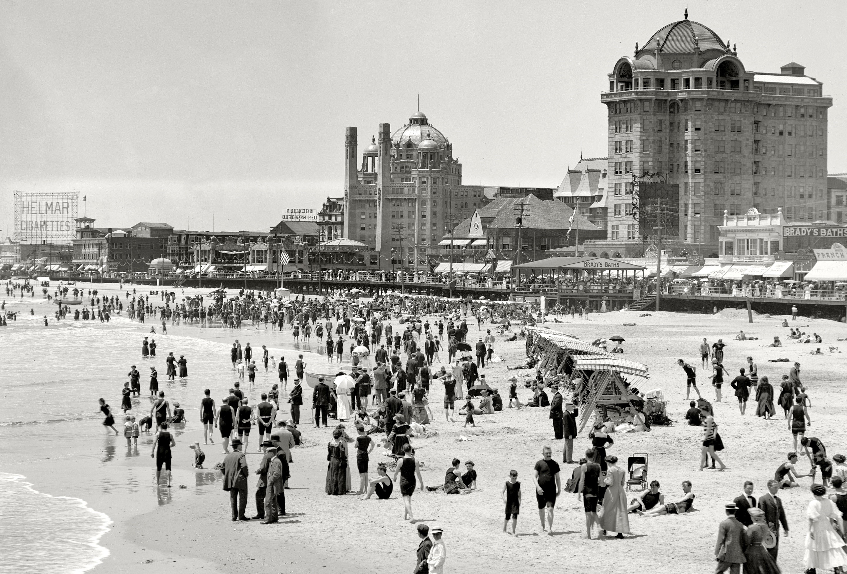 Crowded Beach with Boardwalk and Buildings, 1915 HD Wallpaper