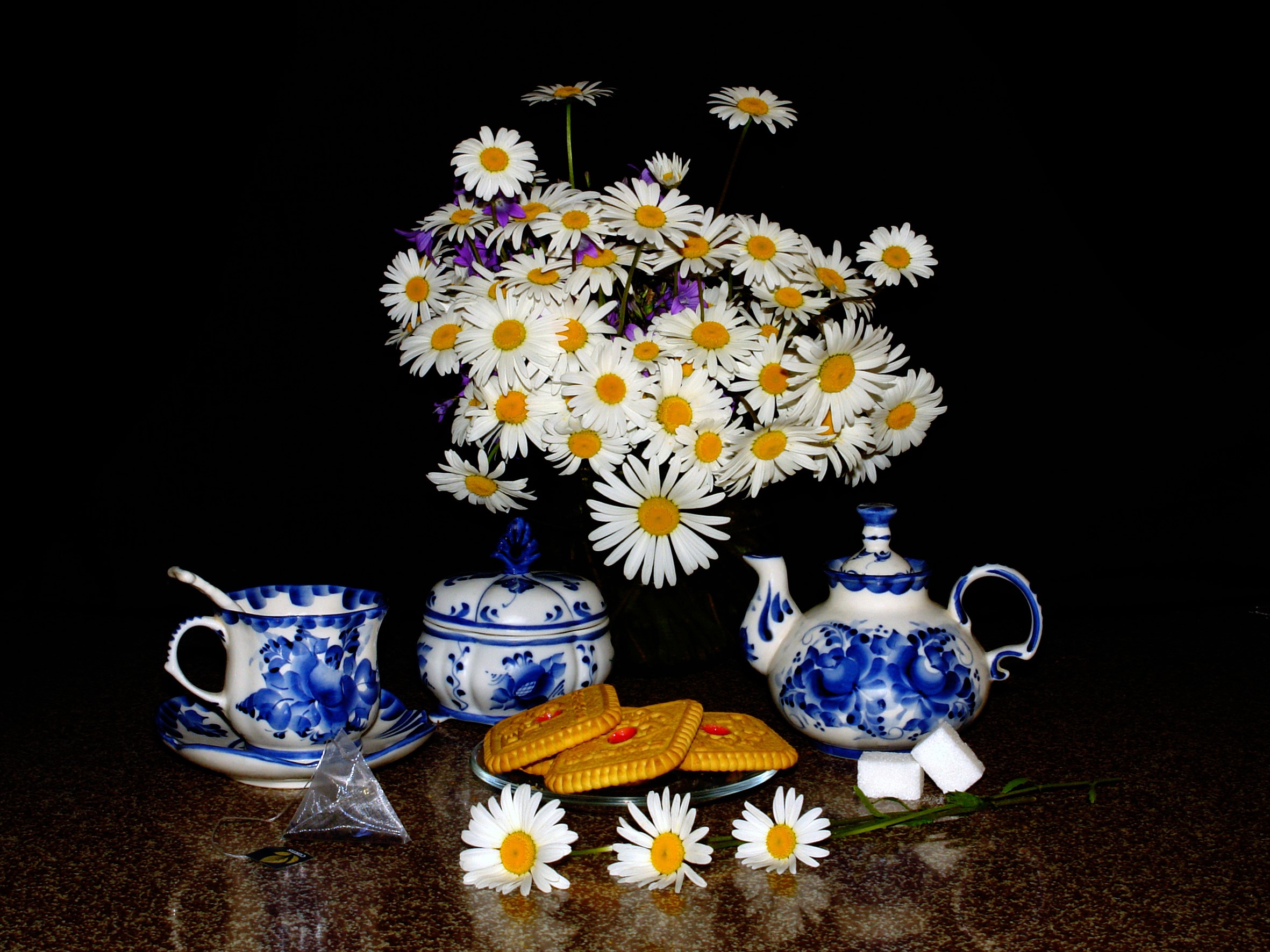 Still life with daisies, tea set, and cookies HD Wallpaper