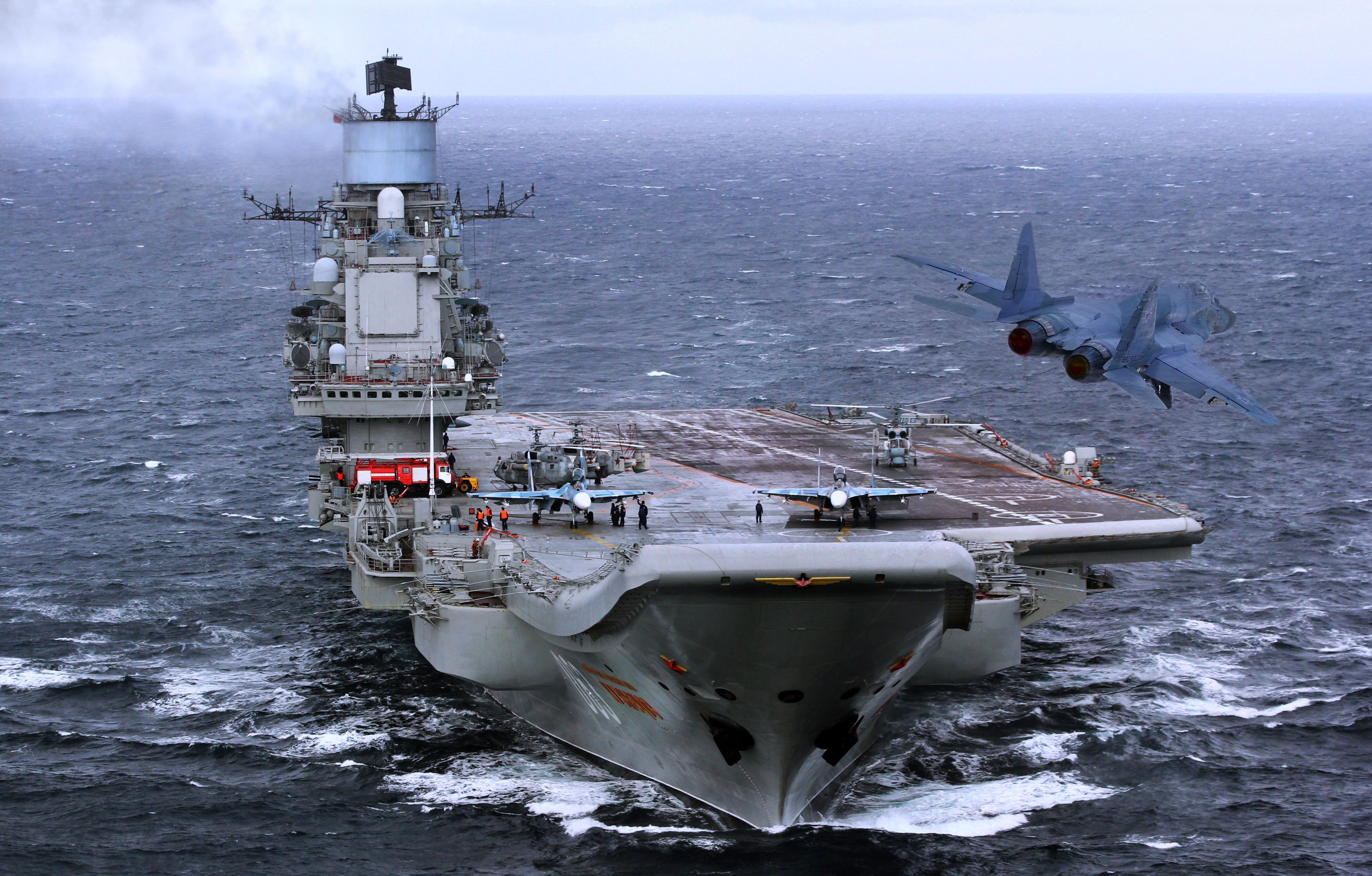 4K Russian aircraft carrier Admiral Kuznetsov with fighter jet HD Wallpaper