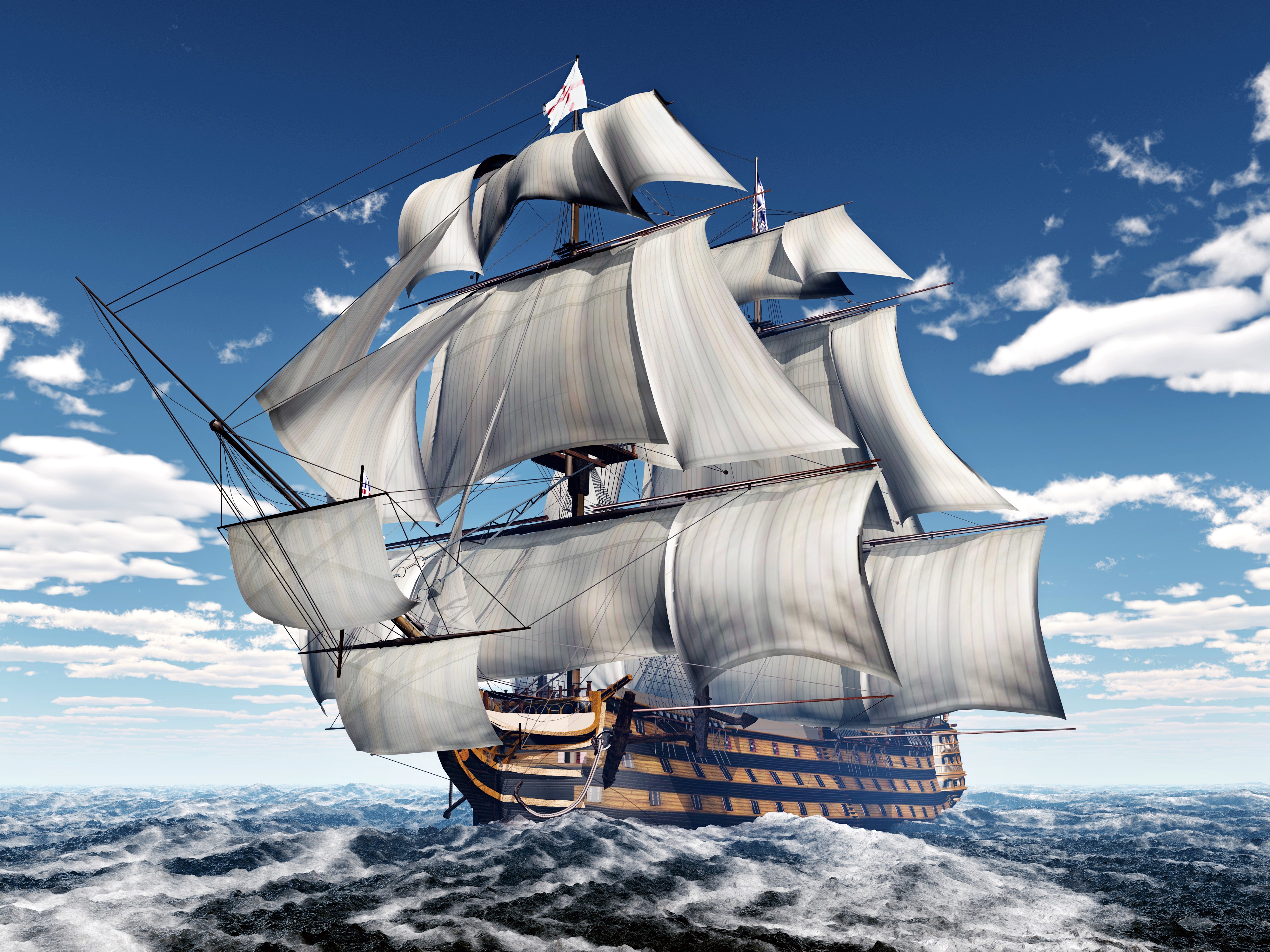 4K Tall Ship Sailing on the Sea HD Wallpaper