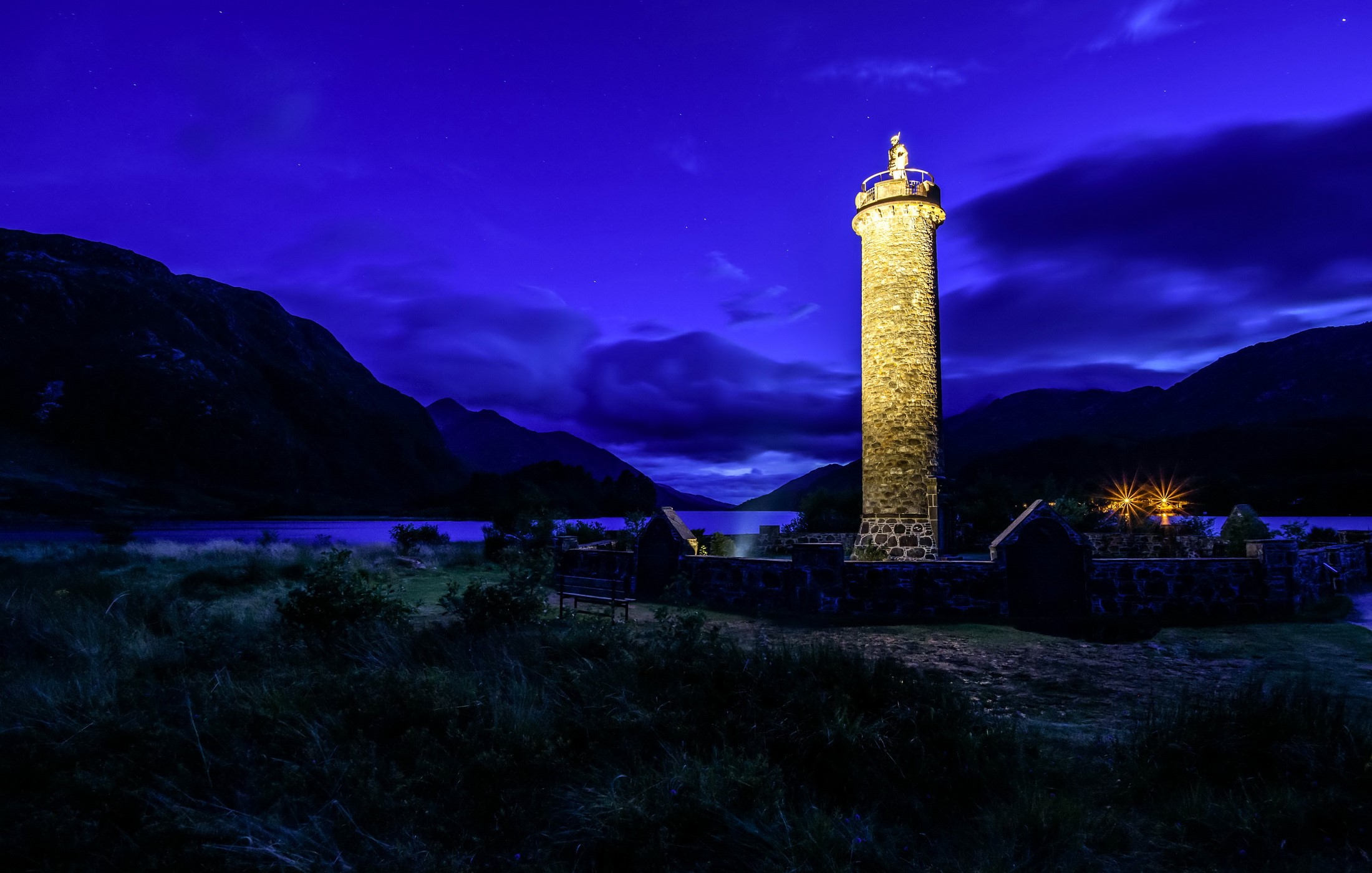 Glenfinnan Monument at Night by a Lake in Scotland HD Wallpaper