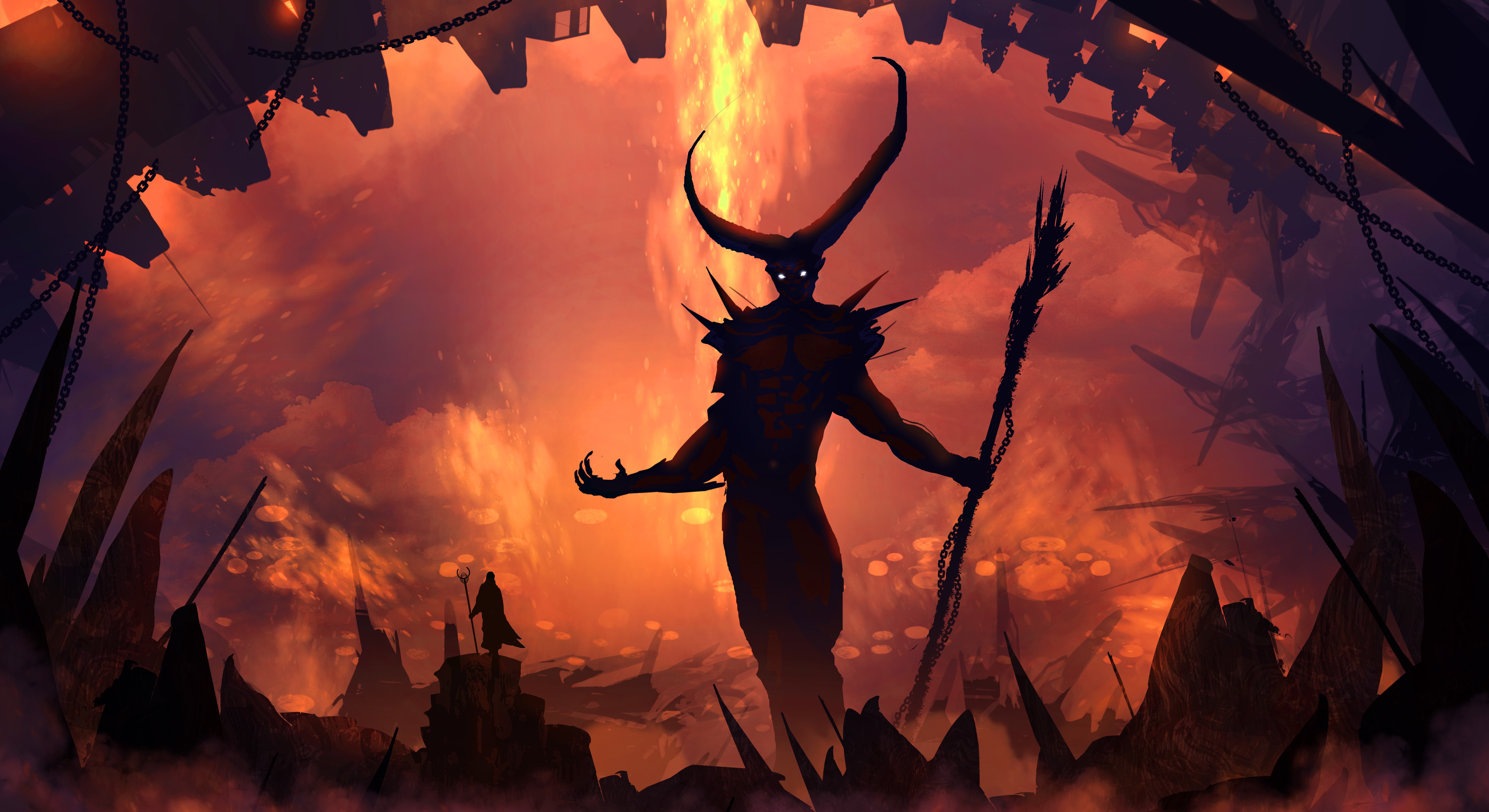 Demon with horns and staff in hellish landscape HD Wallpaper