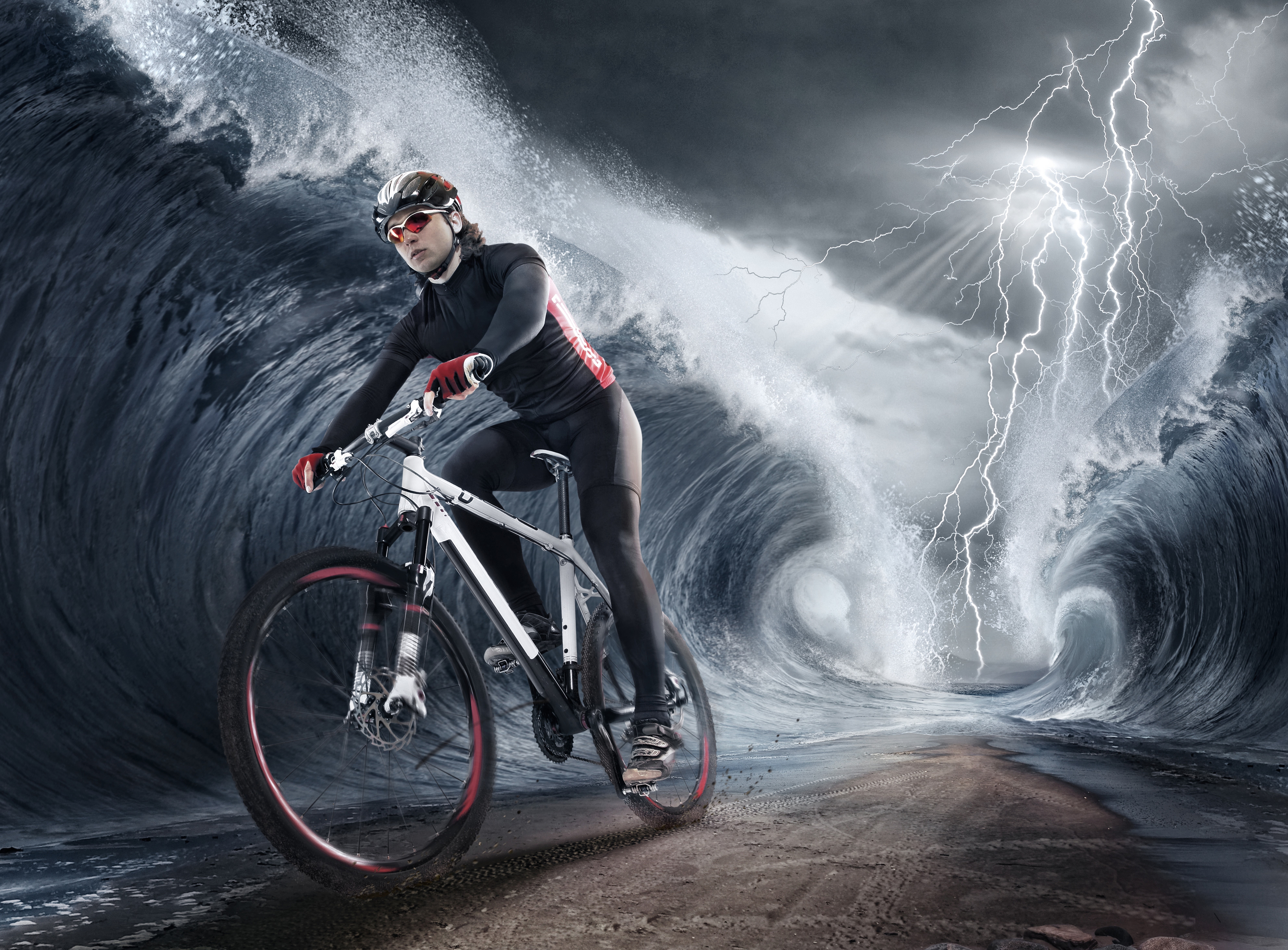 Cyclist riding a bicycle through giant waves during a lightning storm HD Wallpaper